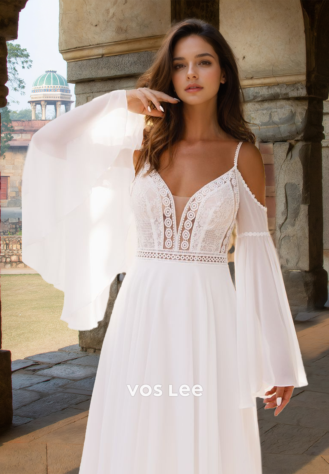 Unique A-Line Deep V Neck Backless Long Sleeves Pleated Satin Wedding Dress