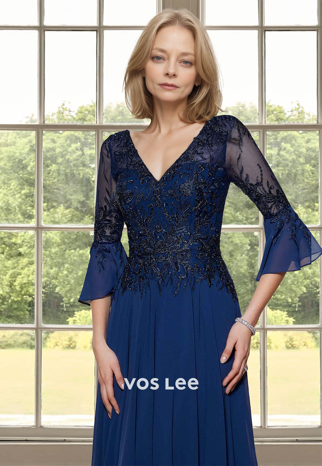 Ornate A-Line V Neck Half Sleeves Lace Appliques Ruched Mother of the Evening Dress