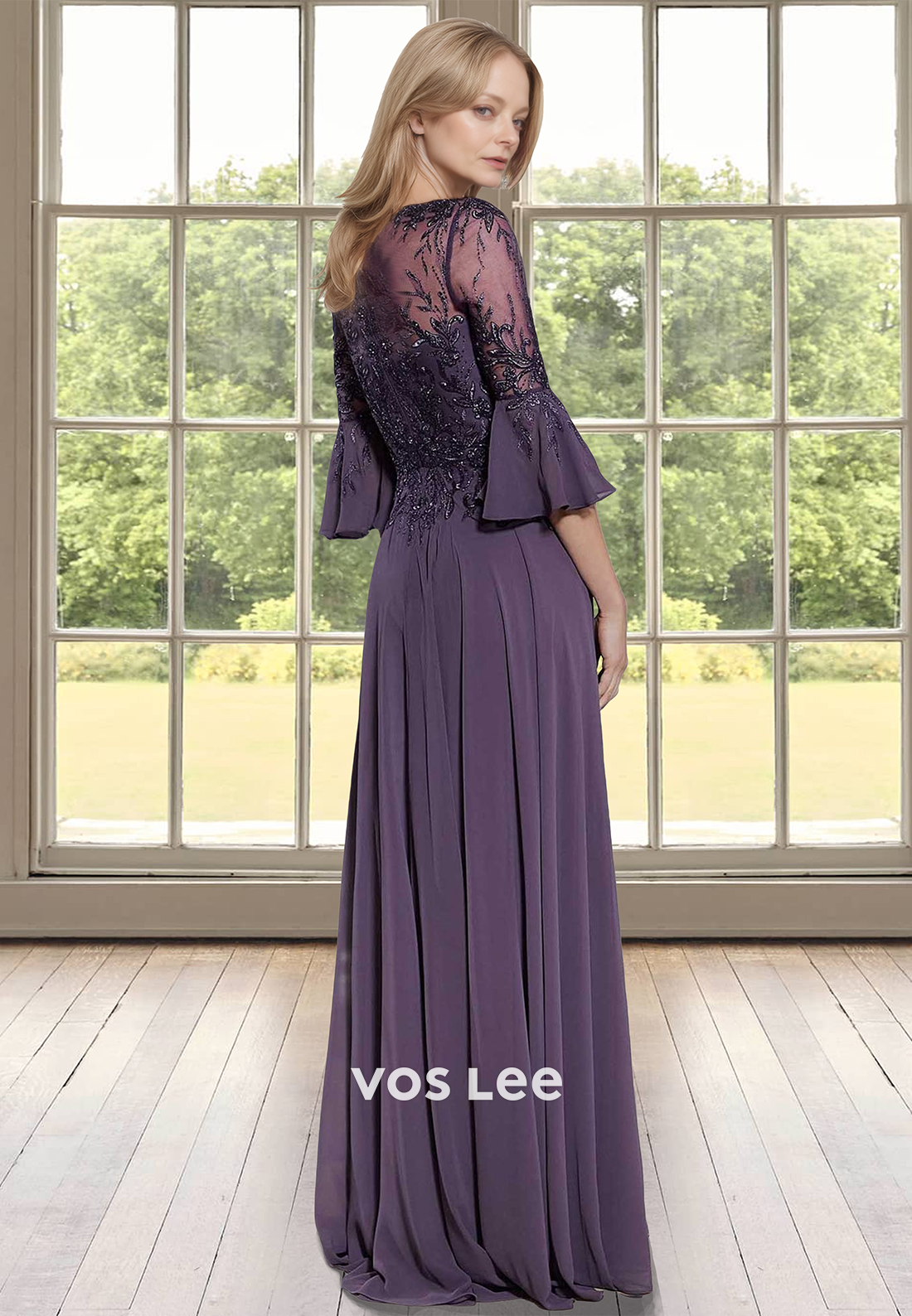 Ornate A-Line V Neck Half Sleeves Lace Appliques Ruched Mother of the Evening Dress