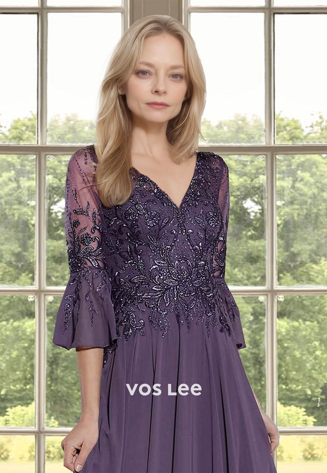 Ornate A-Line V Neck Half Sleeves Lace Appliques Ruched Mother of the Evening Dress