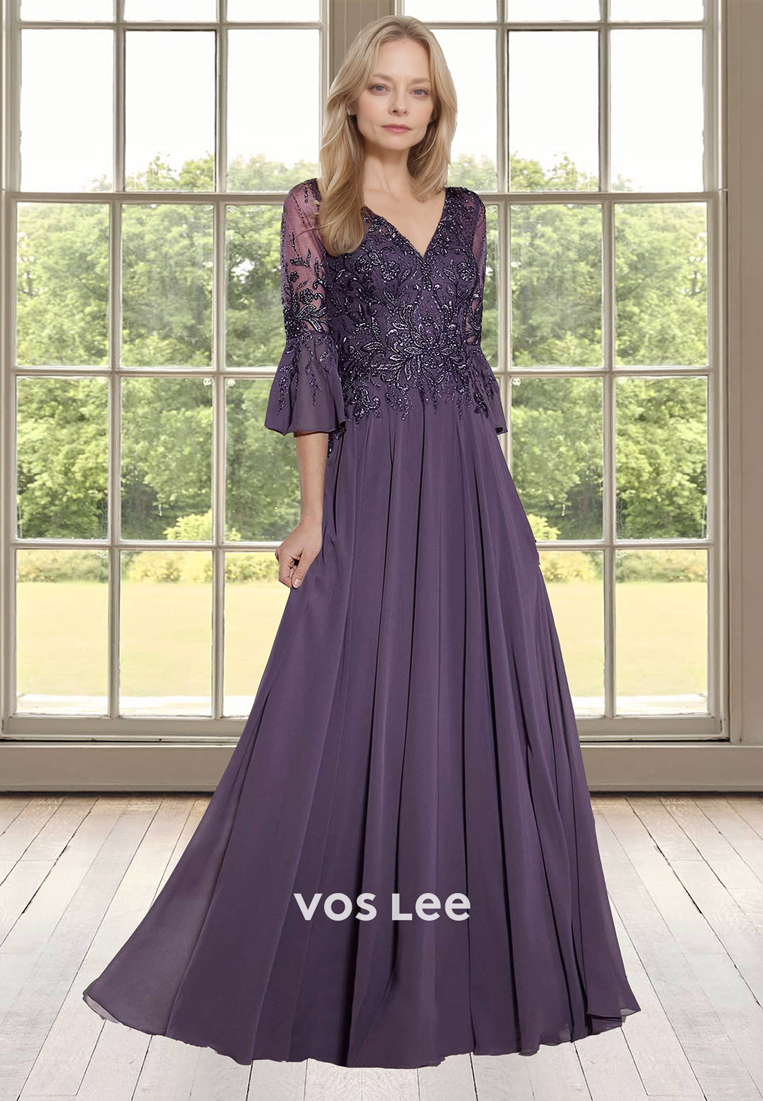 Ornate A-Line V Neck Half Sleeves Lace Appliques Ruched Mother of the Evening Dress