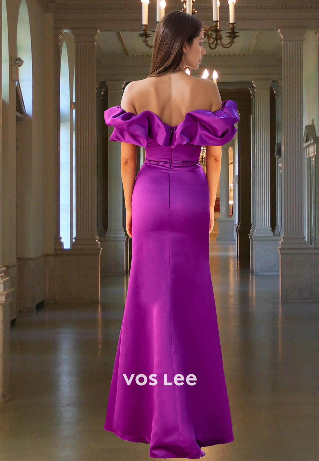 Elegant Sheath Off Shoulder Back Zipper Side Split Satin Prom Graduation Dress
