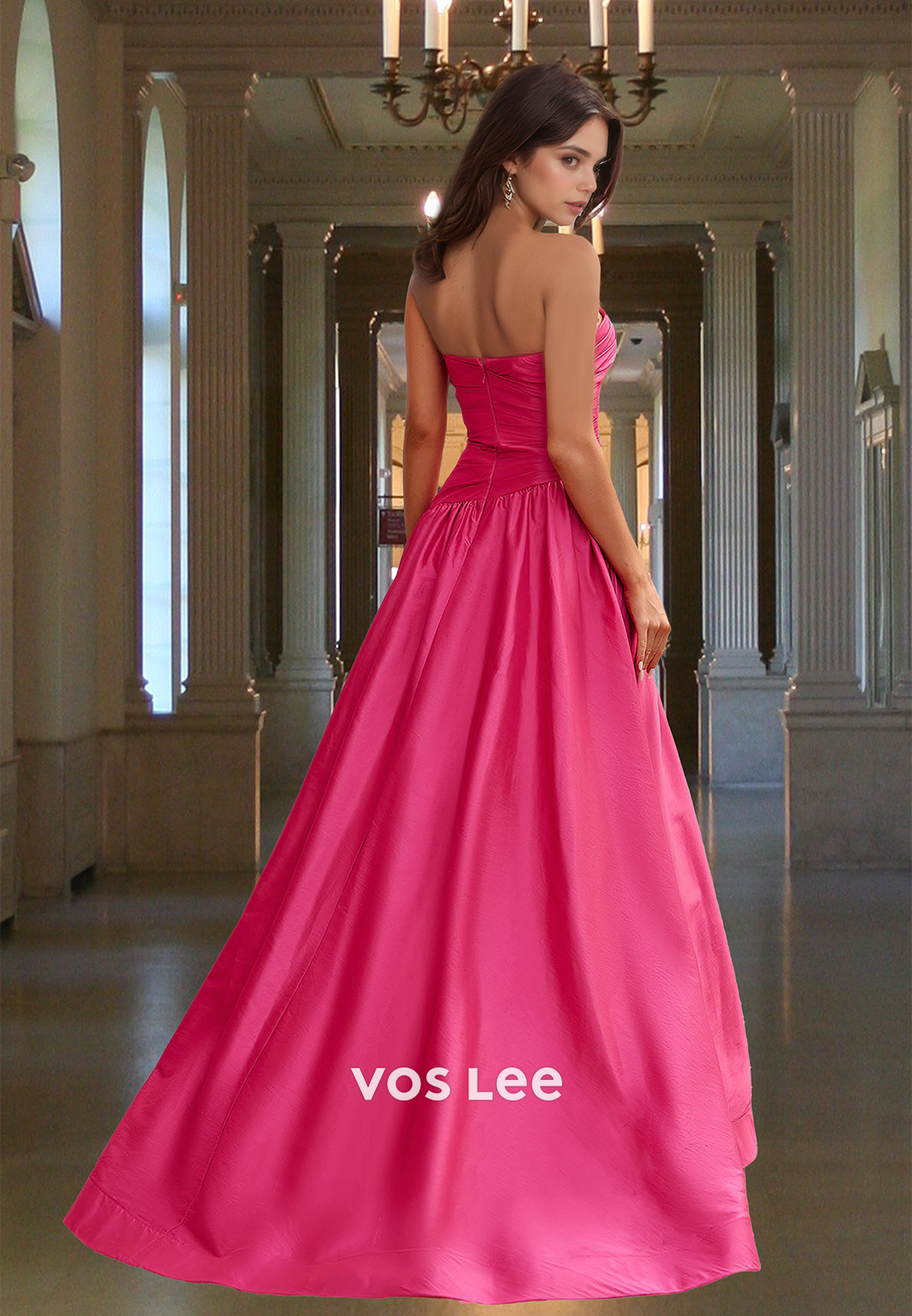 Vintage A-Line Strapless High Split Sweep Train Draped Satin Prom Party Dress