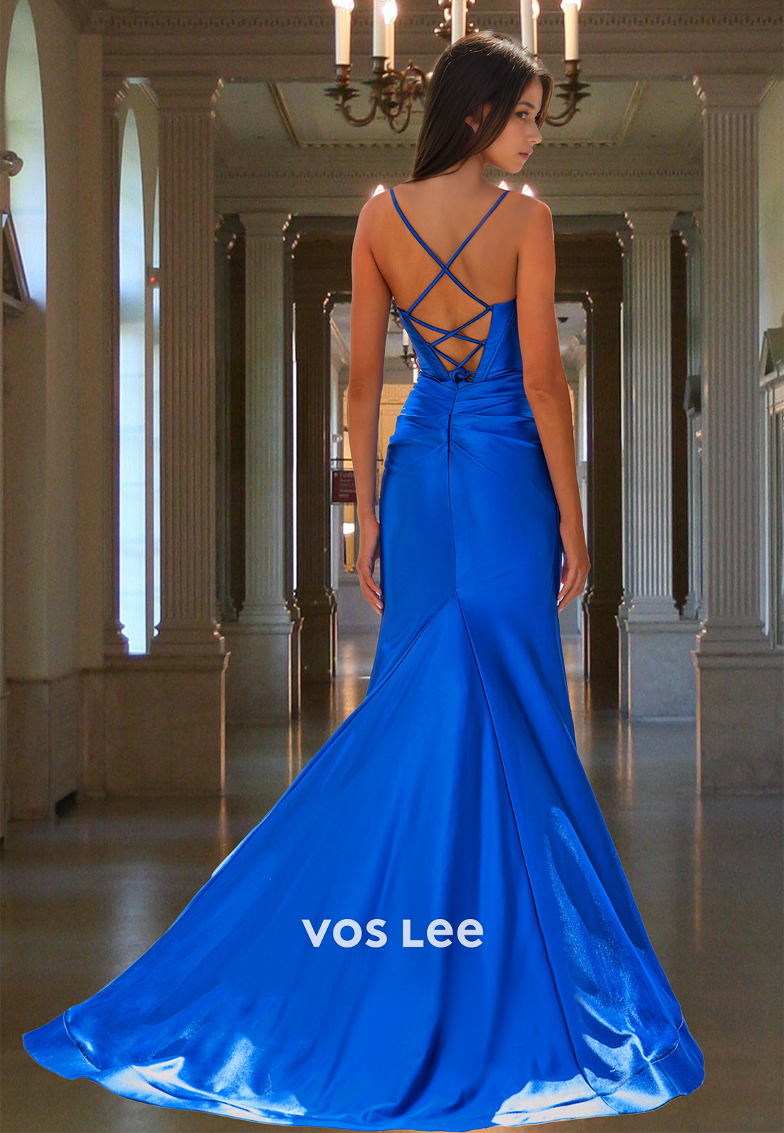 Royal Blue Trumpet Sweetheart Lace Up High Split Draped Satin Prom Formal Dress