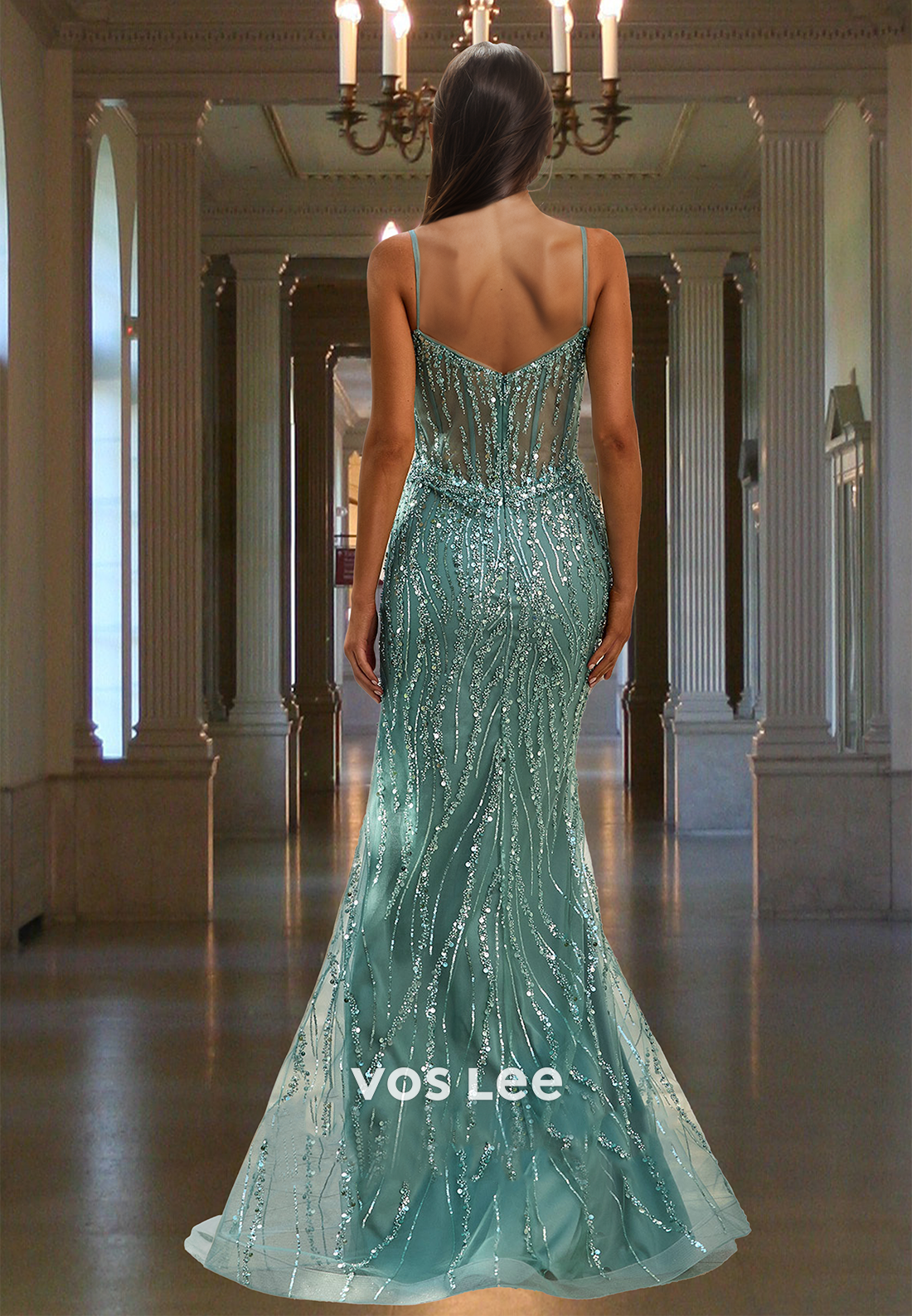 Luxury Column V Neck Spaghetti Straps Side Split Lace Prom Evening Dress Glitter