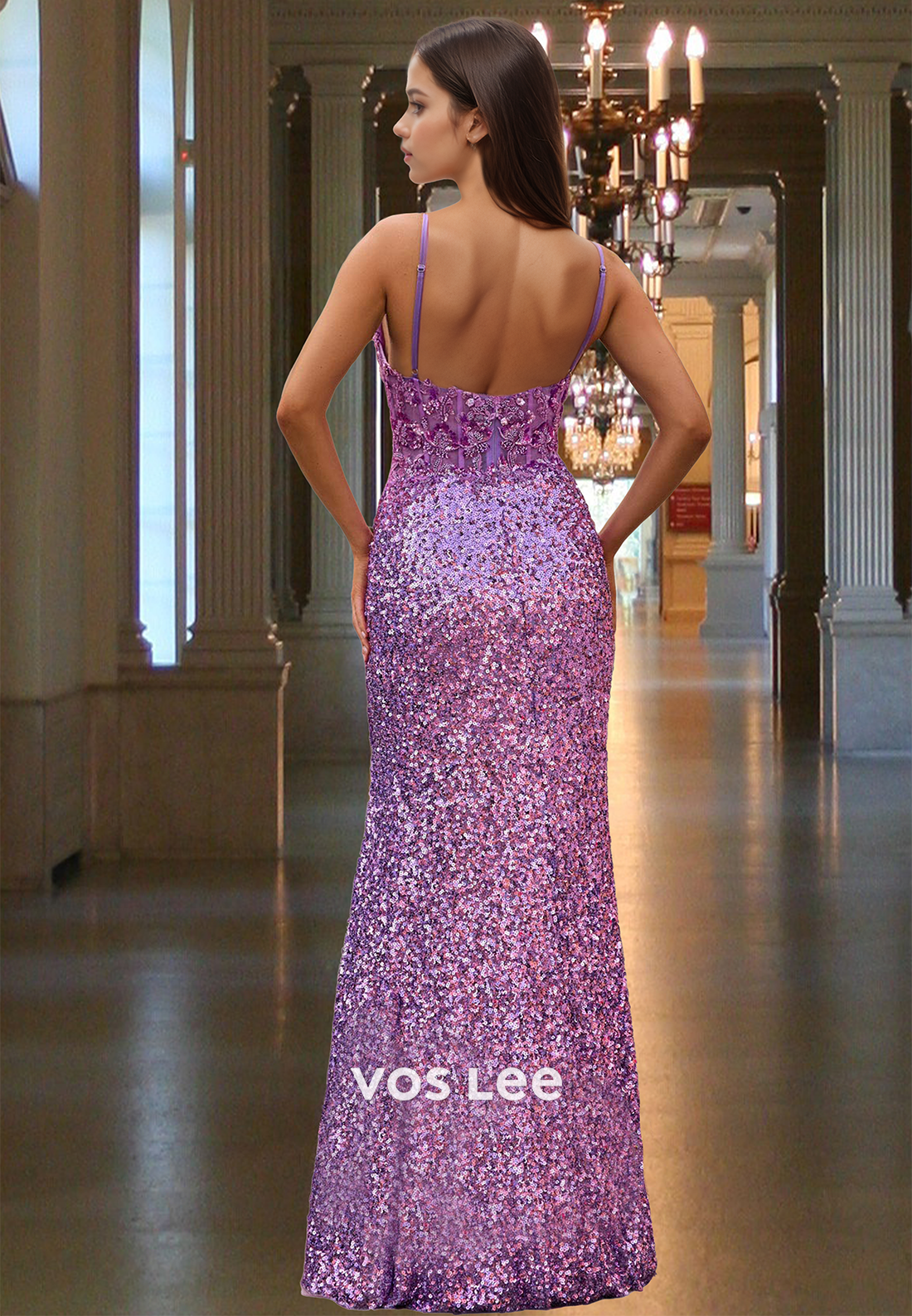Sparkly Column V Neck Side Split Sweep Train Prom Graduation Dress Glitter