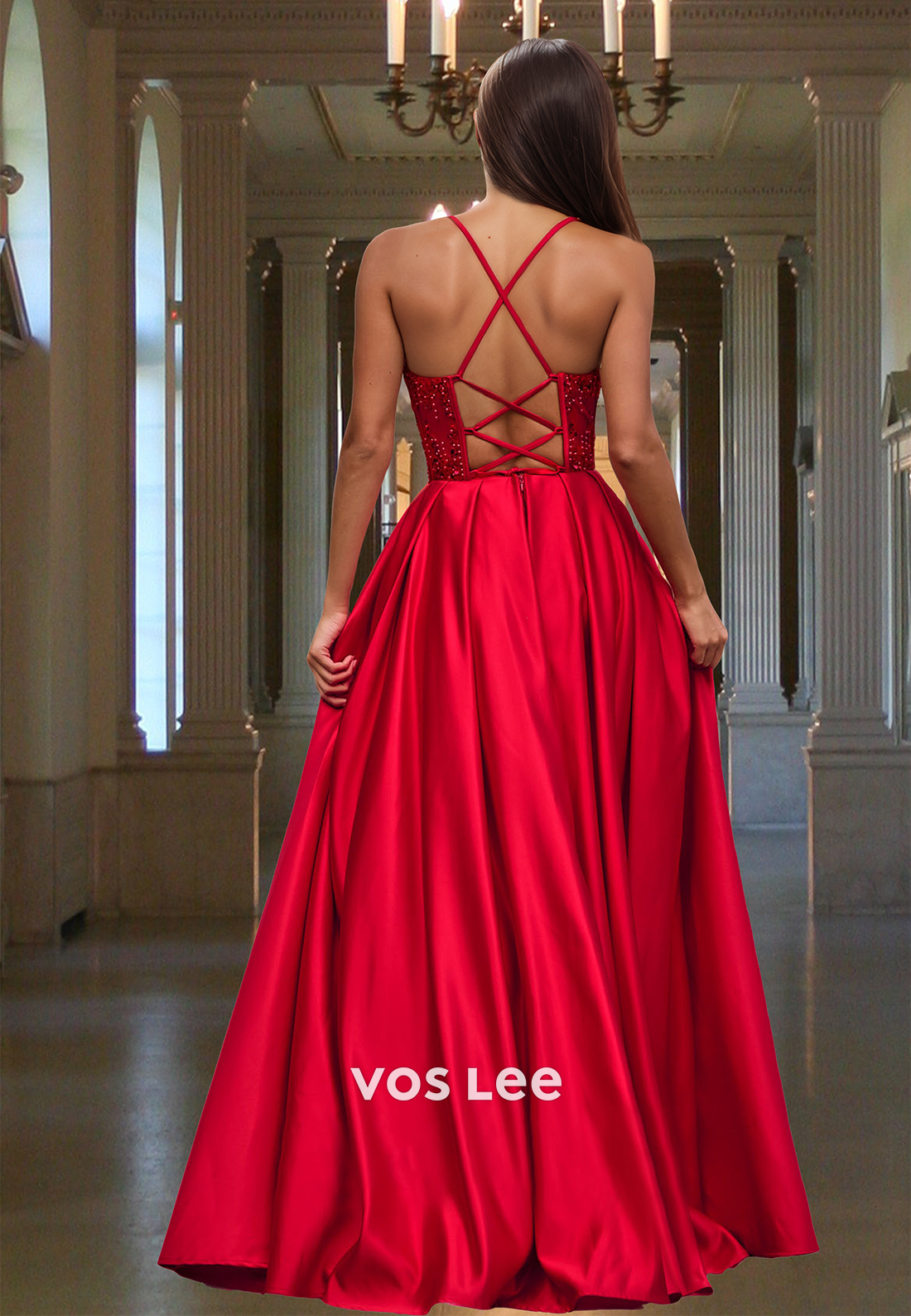 Modest Red A-Line Lace Up V Neck Pleated Sweep Train Satin Prom Party Dress