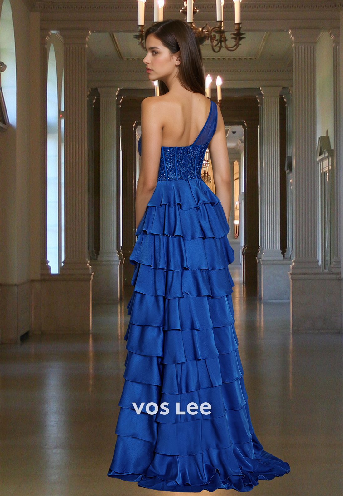 Vintage A-Line One Shoulder Lace Appliques Tiered Satin Sequins Prom Formal Dress