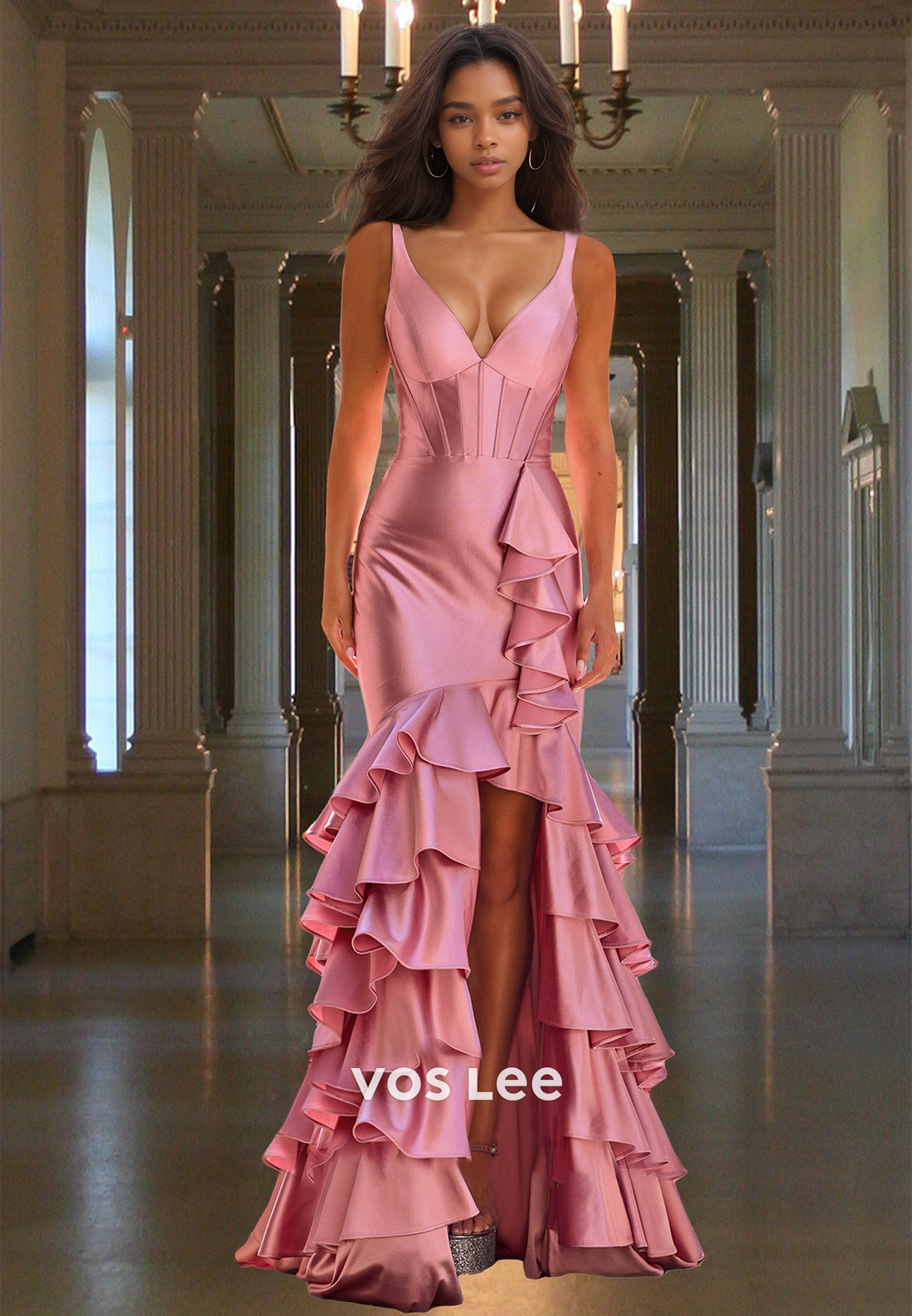 Unique Sheath V Neck Lace Up Sleeveless Trumpet Tiered Satin Prom Part VOS LEE Unique Sheath V Neck Lace Up Sleeveless Trumpet Tiered Satin Prom Part VOS LEE