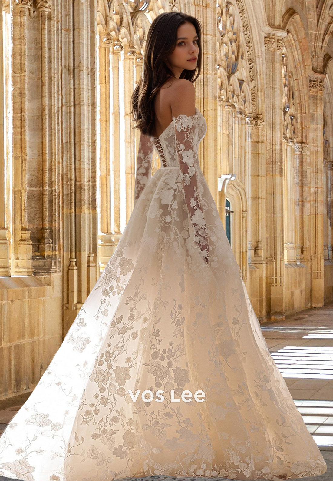 Luxury A-Line Off Shoulder Long Sleeves Lace Appliques Court Train Wedding Gown