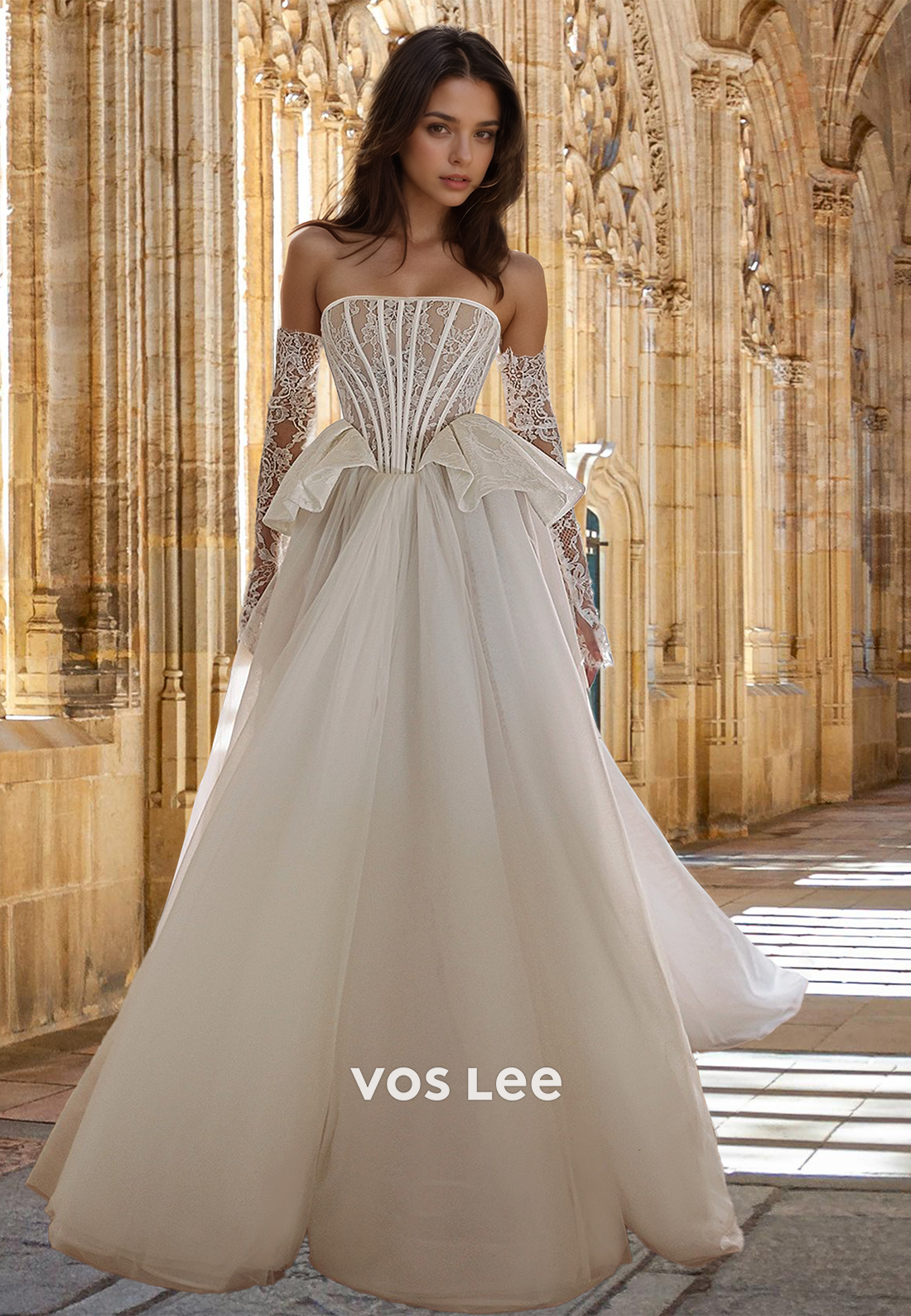 Gorgeous A-Line Strapless Lace Appliques Court Train Tulle Wedding Gow VOS LEE Gorgeous A-Line Strapless Lace Appliques Court Train Tulle Wedding Gow VOS LEE