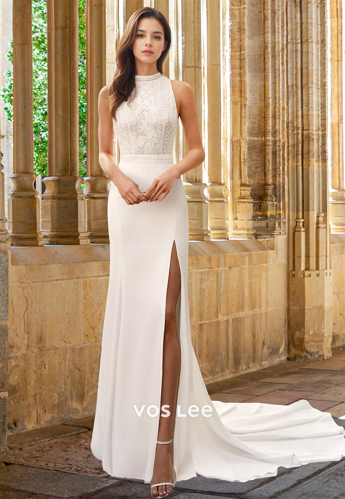 Simple Column High Neck Side Split Backless Lace Draped Wedding Bride VOS LEE Simple Column High Neck Side Split Backless Lace Draped Wedding Bride VOS LEE