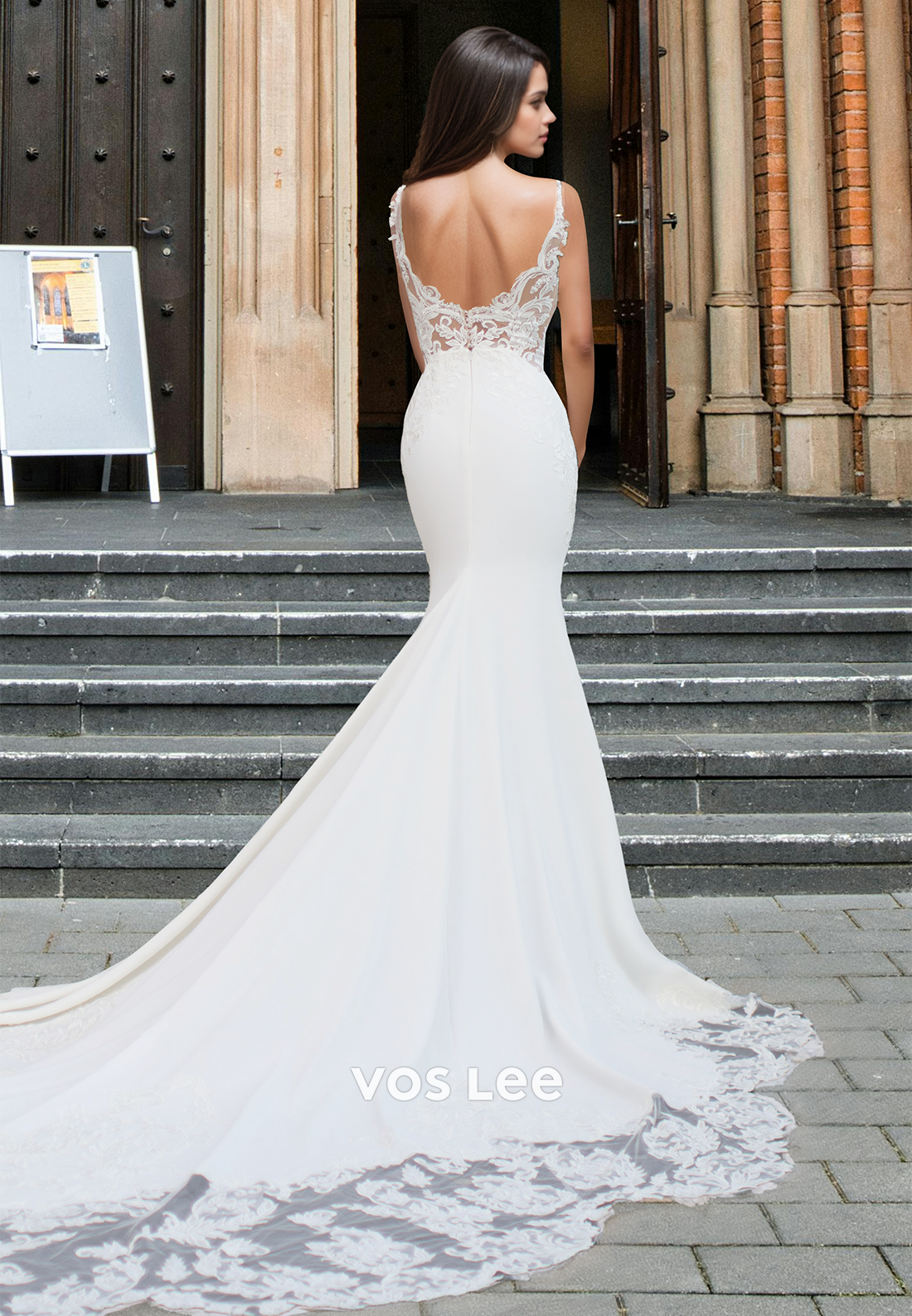 Unique Mermaid/Trumpet V Neck Backless Court Train Lace Wedding Gown