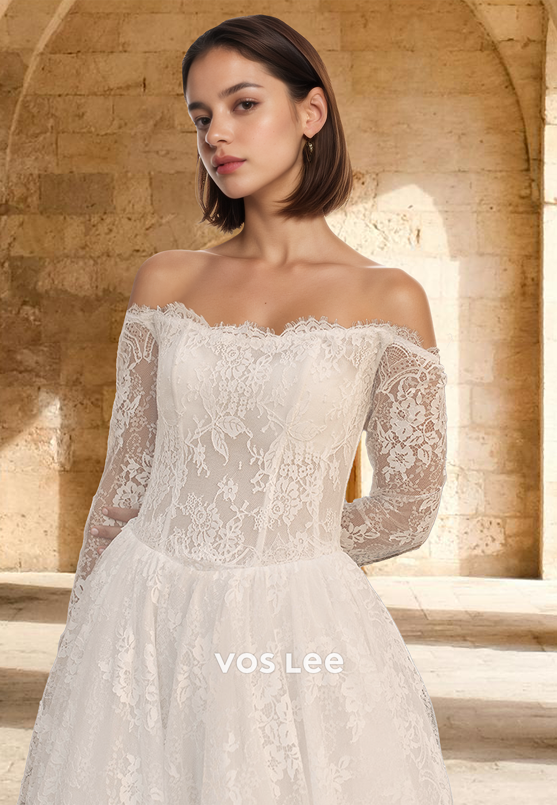 Graceful A-line Off Shoulder Court Train Long Sleeves Lace Draped Wedding Gown