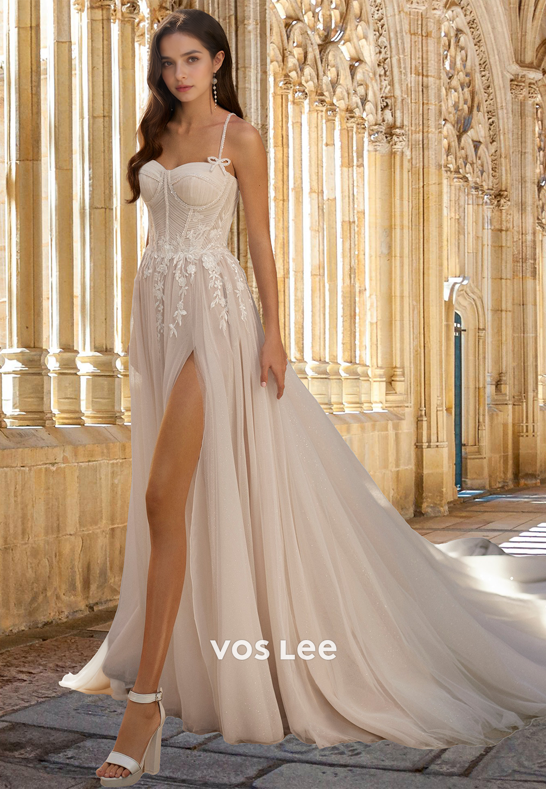 A-Line Sweetheart Court Train Pleated Tulle Lace Wedding Dress with Split