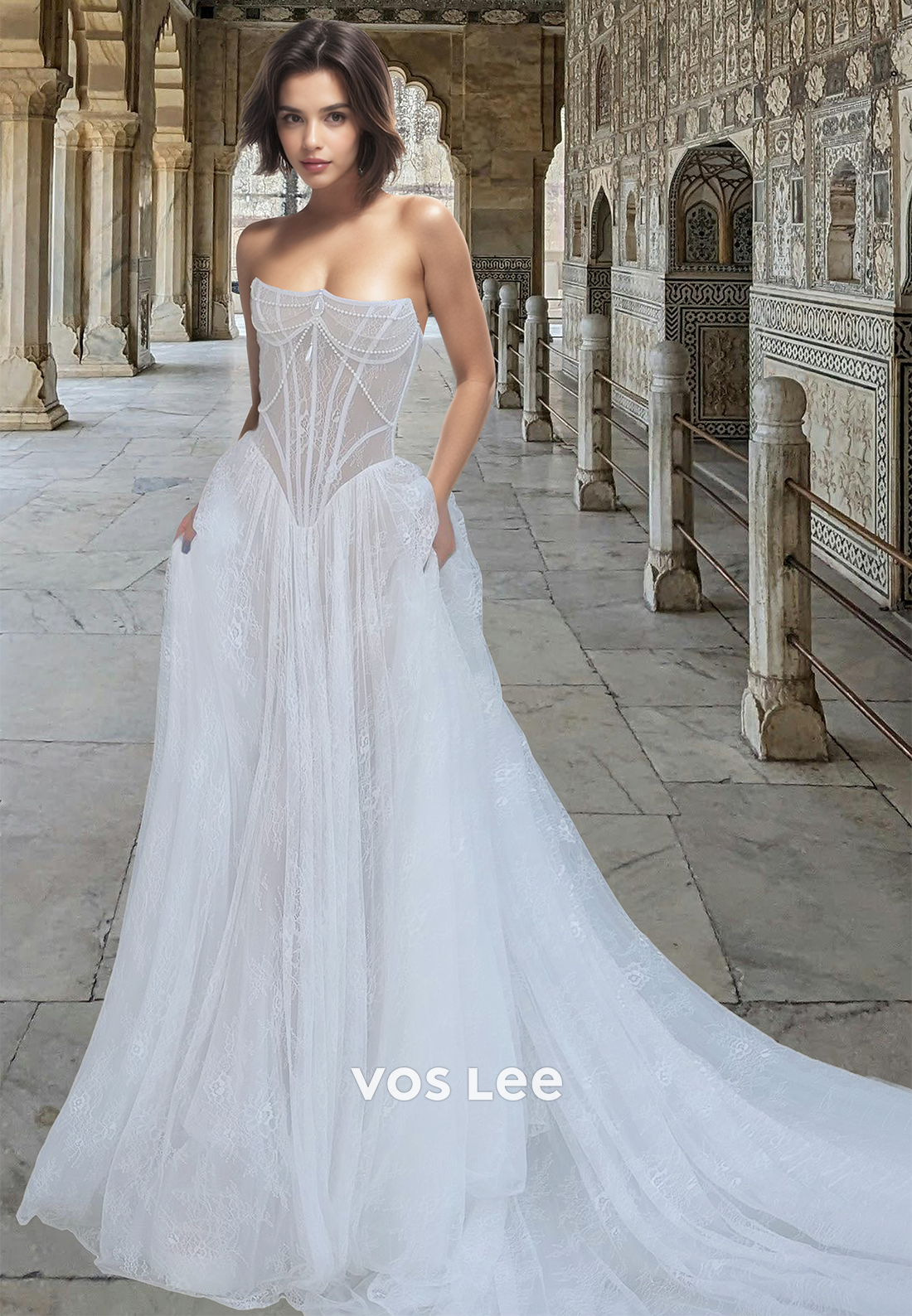 Graceful A-Line Sweetheart Lace Appliques Back Zipper Pleated Tulle Wedding Gown