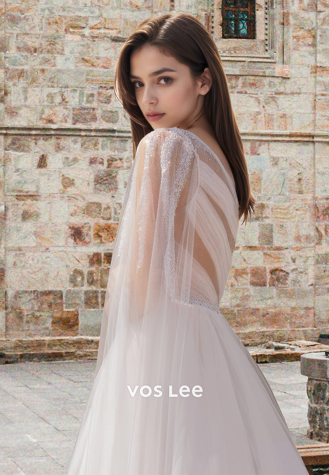 Elegant A-Line One Shoulder Sequing Tulle Pleated Court Train Wedding Dress