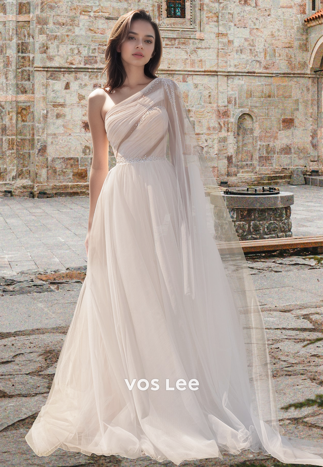 Elegant A-Line One Shoulder Sequing Tulle Pleated Court Train Wedding Dress