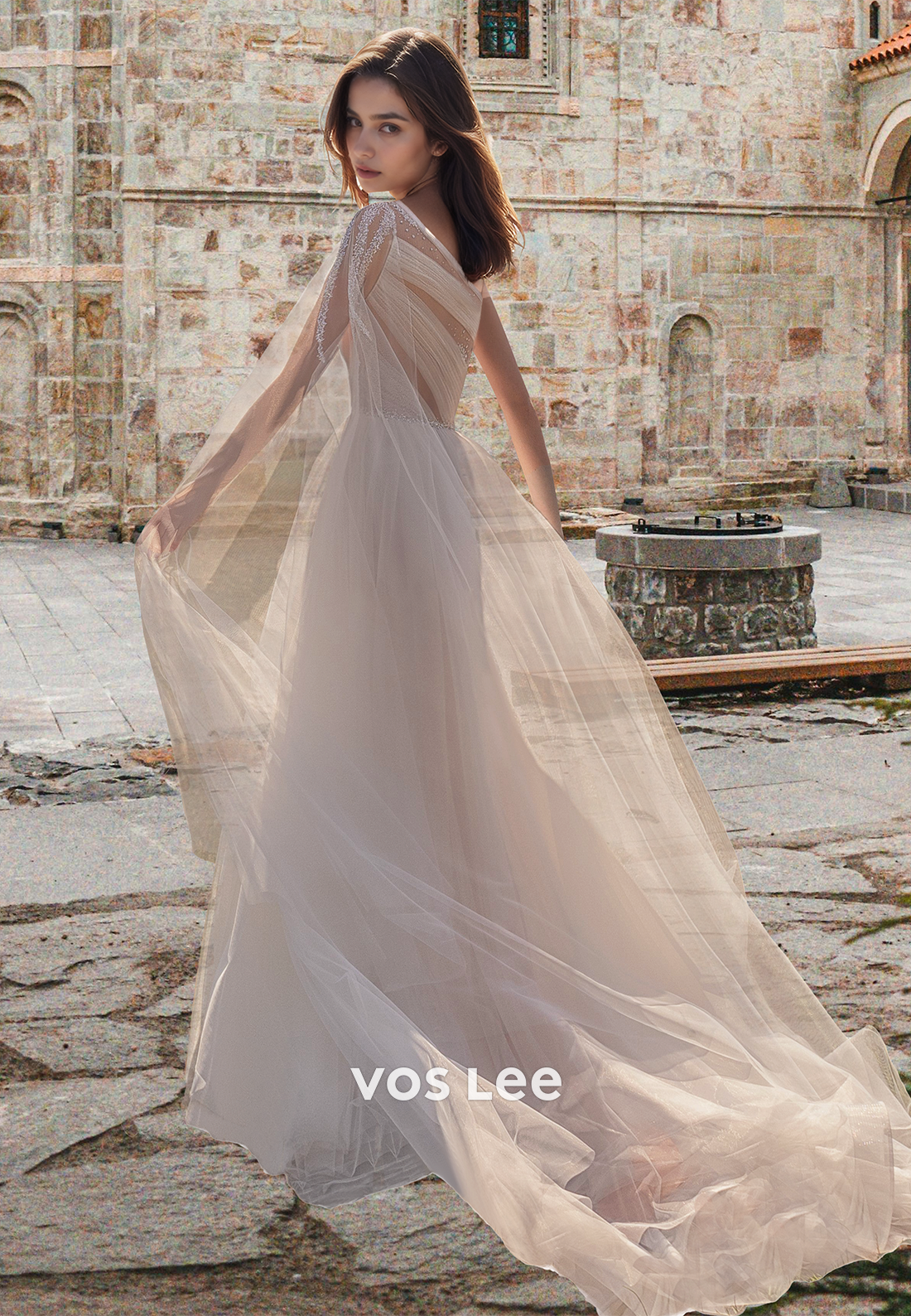 Elegant A-Line One Shoulder Sequing Tulle Pleated Court Train Wedding Dress