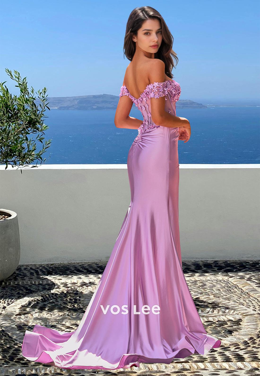 Ornate Column Off Shoulder High Split Lace Floral Sweep Train Prom Pageant Dress