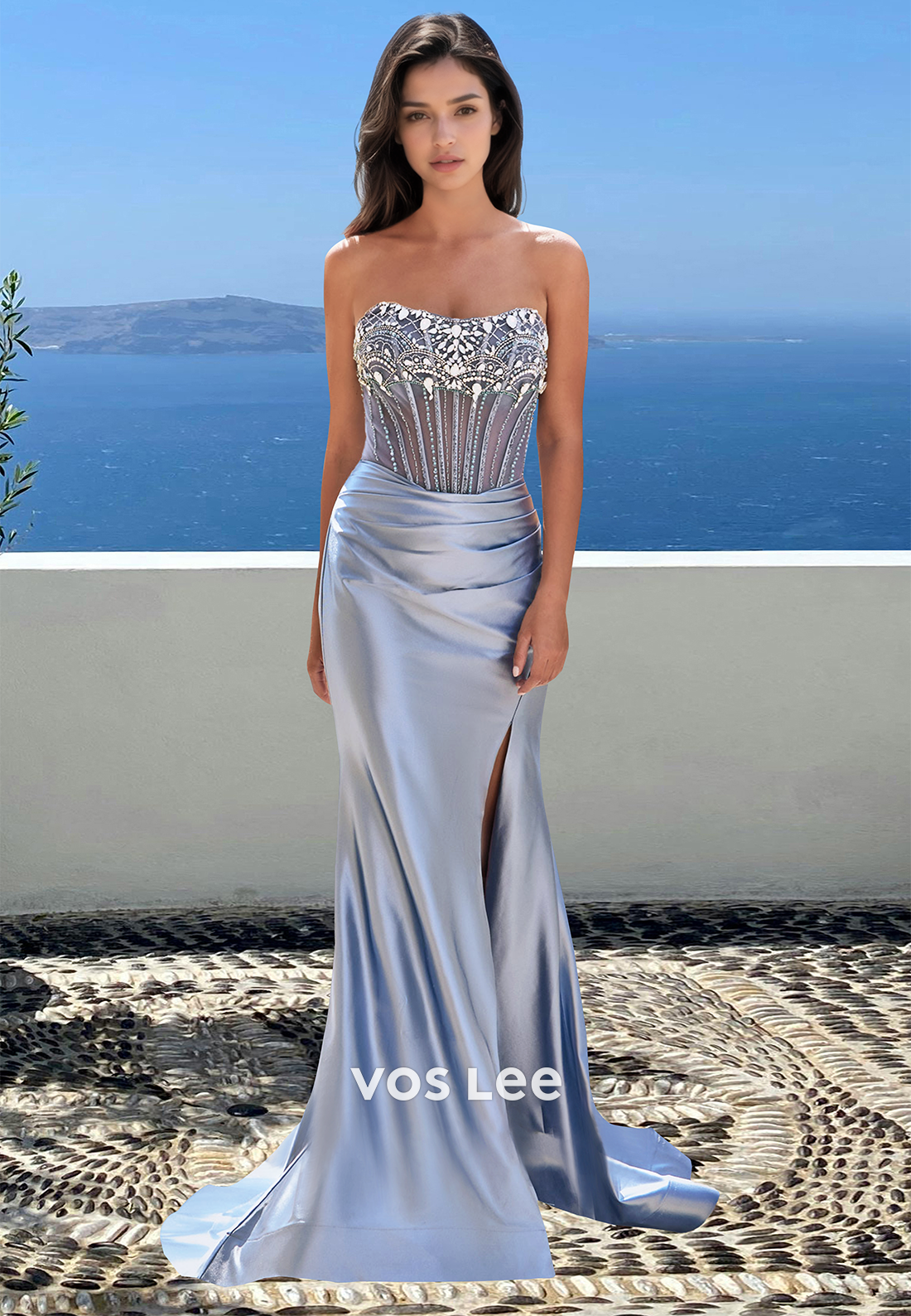 Gorgeous Column Strapless Lace Up Beaded Satin Prom Evening Dress with Split