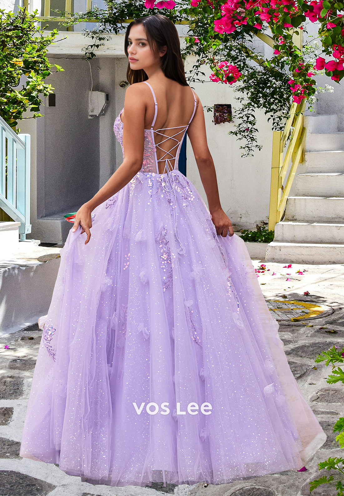 Dreamy A-Line V Neck Lace Up Appliques Pleated Tulle Prom Birthday Dress Glitter