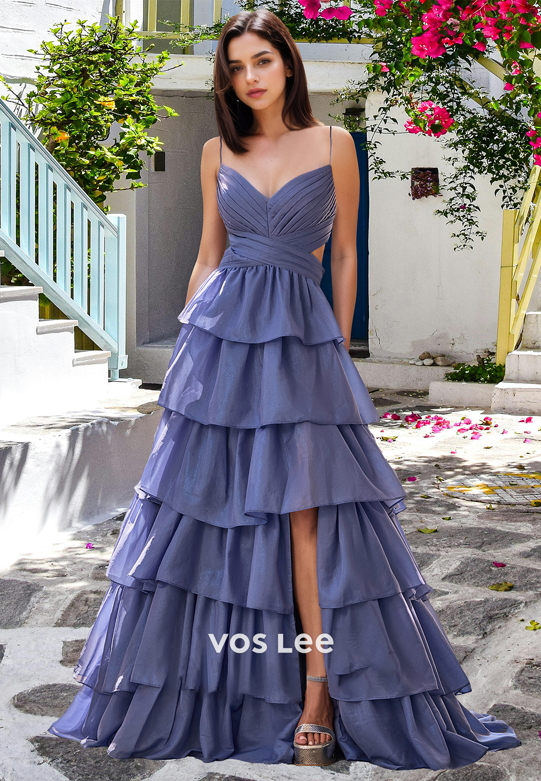 Unique A-Line V Neck Tiered Sequins Sweep Train Prom Formal Dress with VOS LEE Unique A-Line V Neck Tiered Sequins Sweep Train Prom Formal Dress with VOS LEE