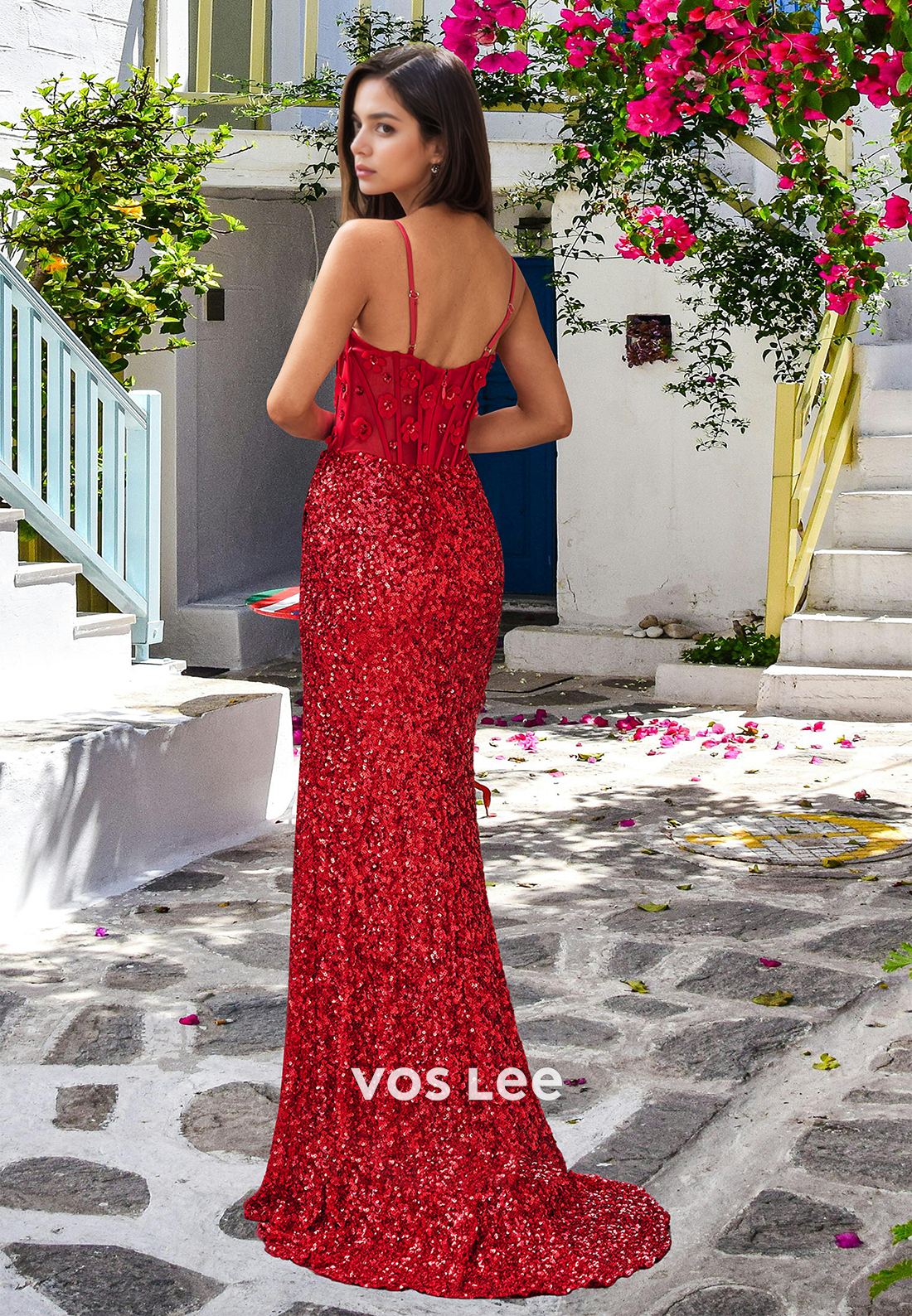 Luxury Column V Neck Lace Appliques Zipper Sequins Draped Prom Evening Dress