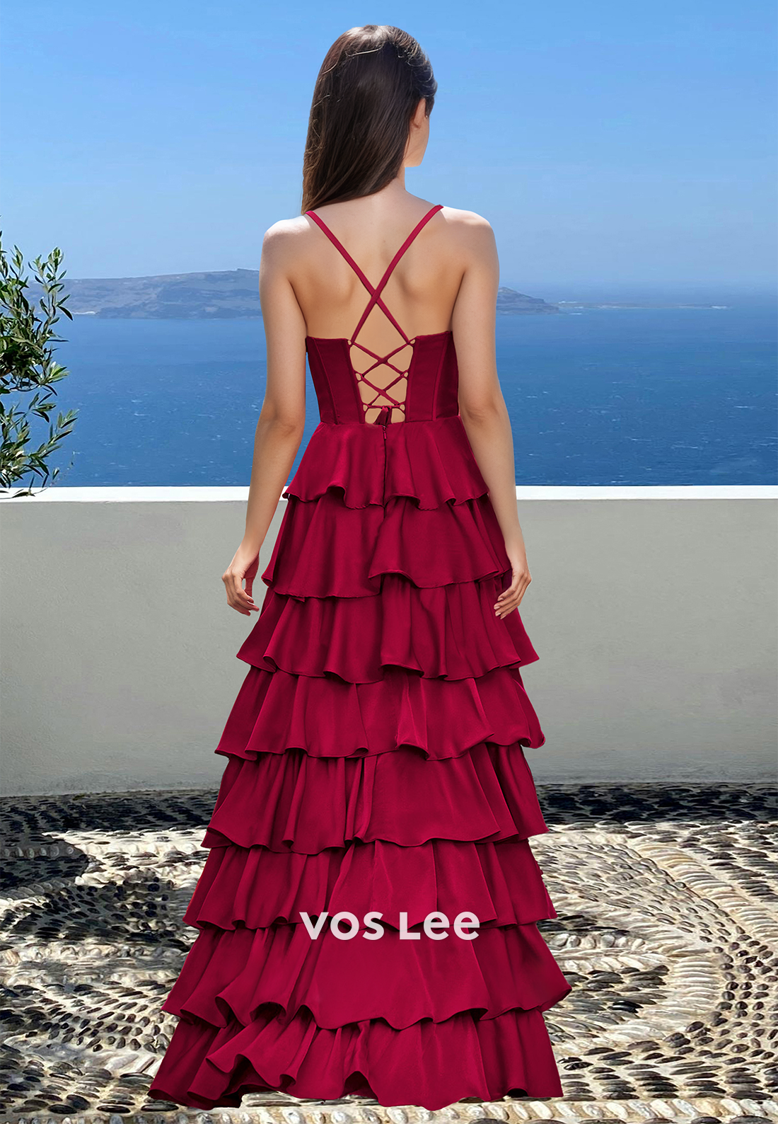 Vintage A-Line Sweetheart Lace Up Sleeveless Tiered Satin Prom Party Dress