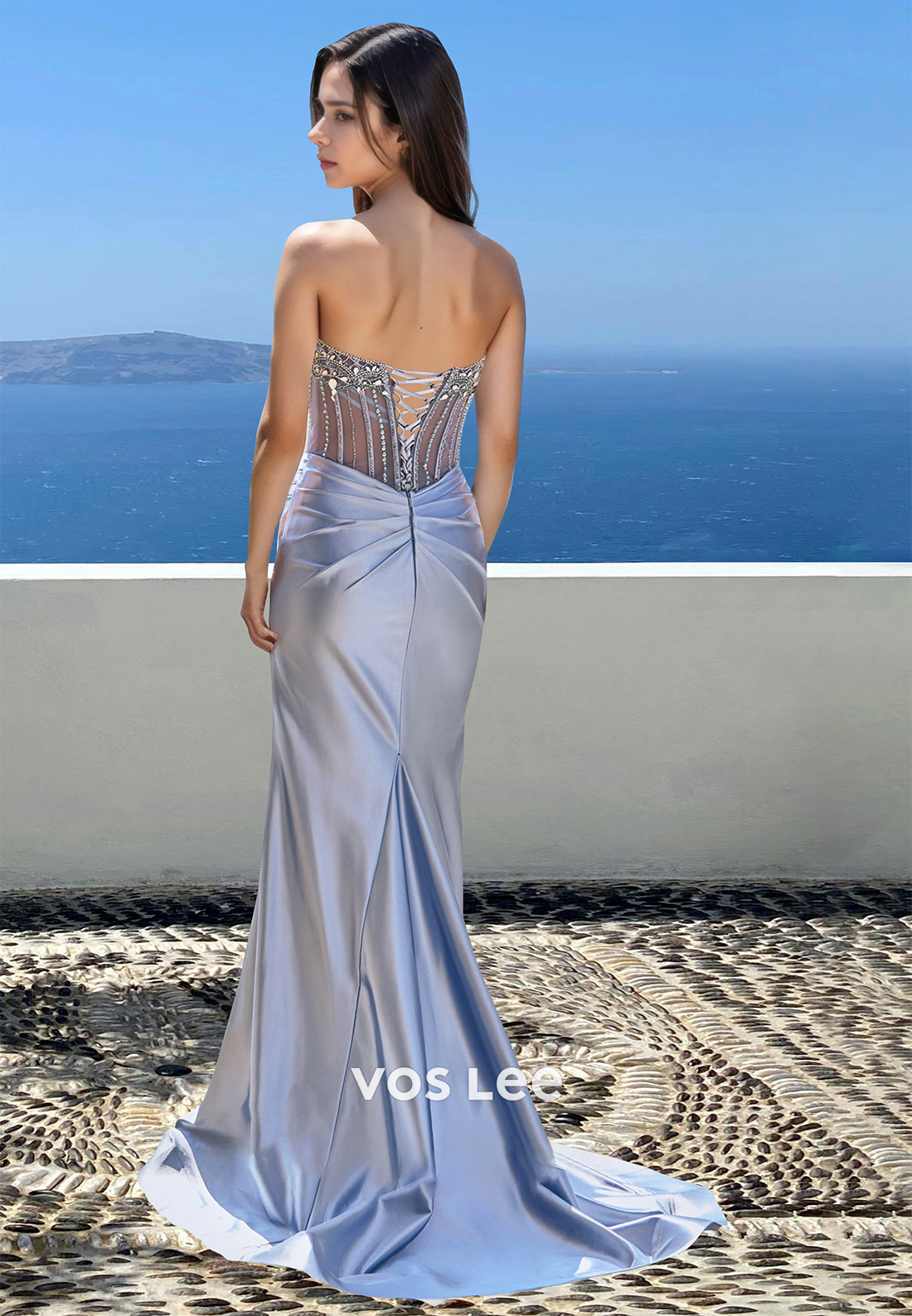 Gorgeous Column Strapless Lace Up Beaded Satin Prom Evening Dress with Split
