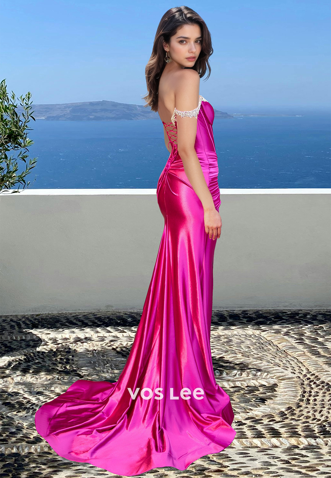 Fuchsia Sheath Plunging V Neck Illusion Sequins Lace Up Satin Prom Evening Dress