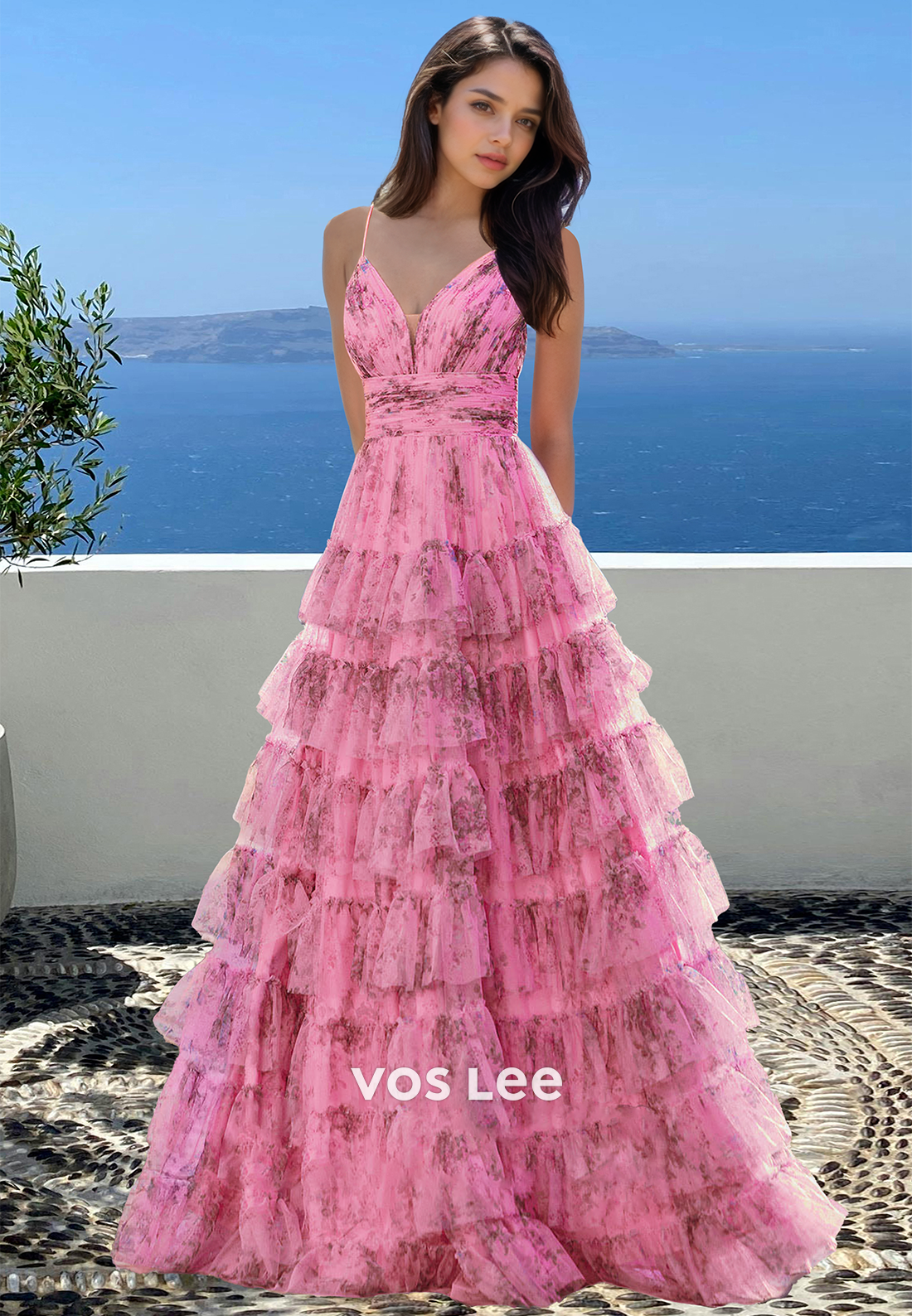 Pink A-Line V Neck Lace Up Tiered Tulle Appliques Ornate Prom Birthday Dress
