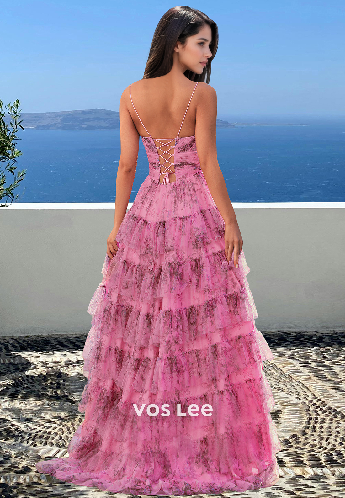 Pink A-Line V Neck Lace Up Tiered Tulle Appliques Ornate Prom Birthday Dress