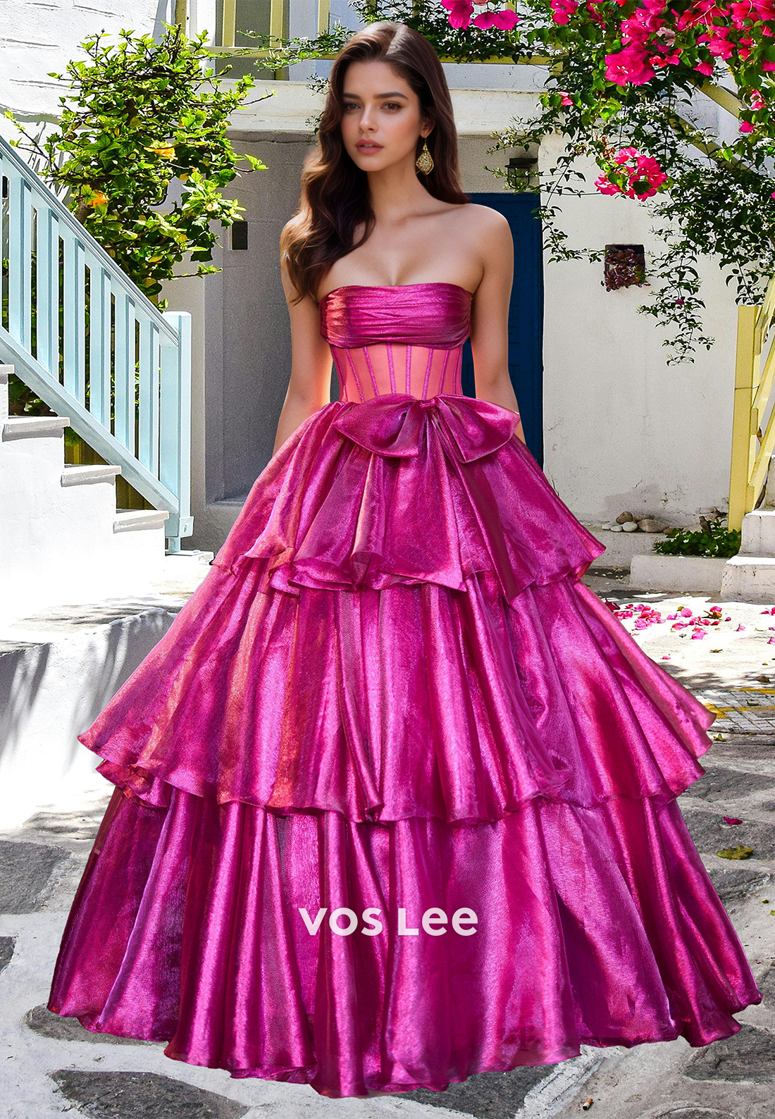 Unqiue A-Line Strapless Illusion Tiered Sparkly Fuchsia Satin Prom Evening Dress