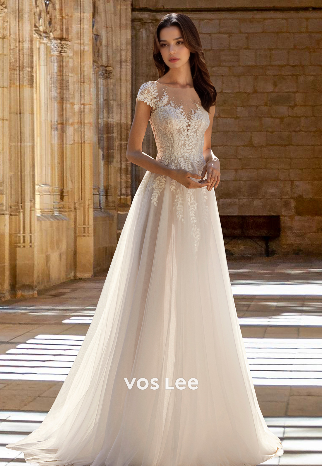A-Line Bateau Short Sleeves Back Zipper Illusion Lace Appliques Tulle Wedding Gown