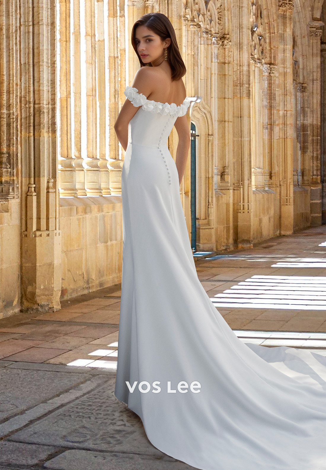 Column Off Shoulder Back Zipper 3D Floral High Split Draped Satin Wedding Dress