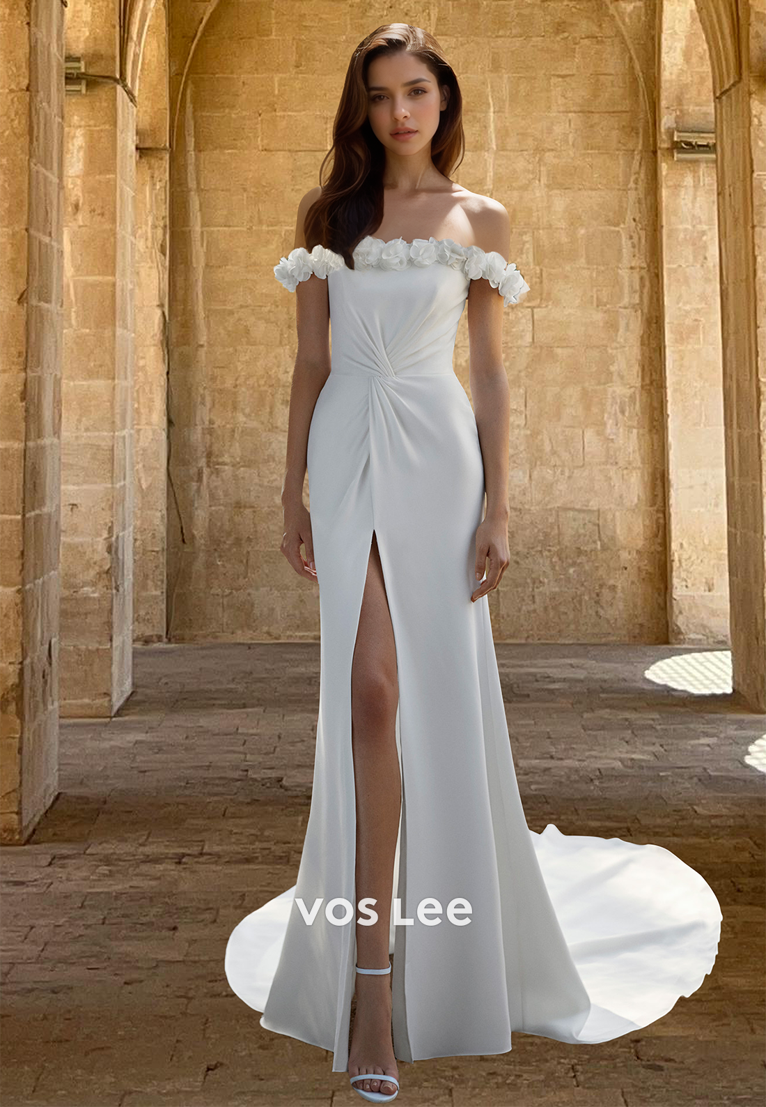 Column Off Shoulder Back Zipper 3D Floral High Split Draped Satin Wedding Dress