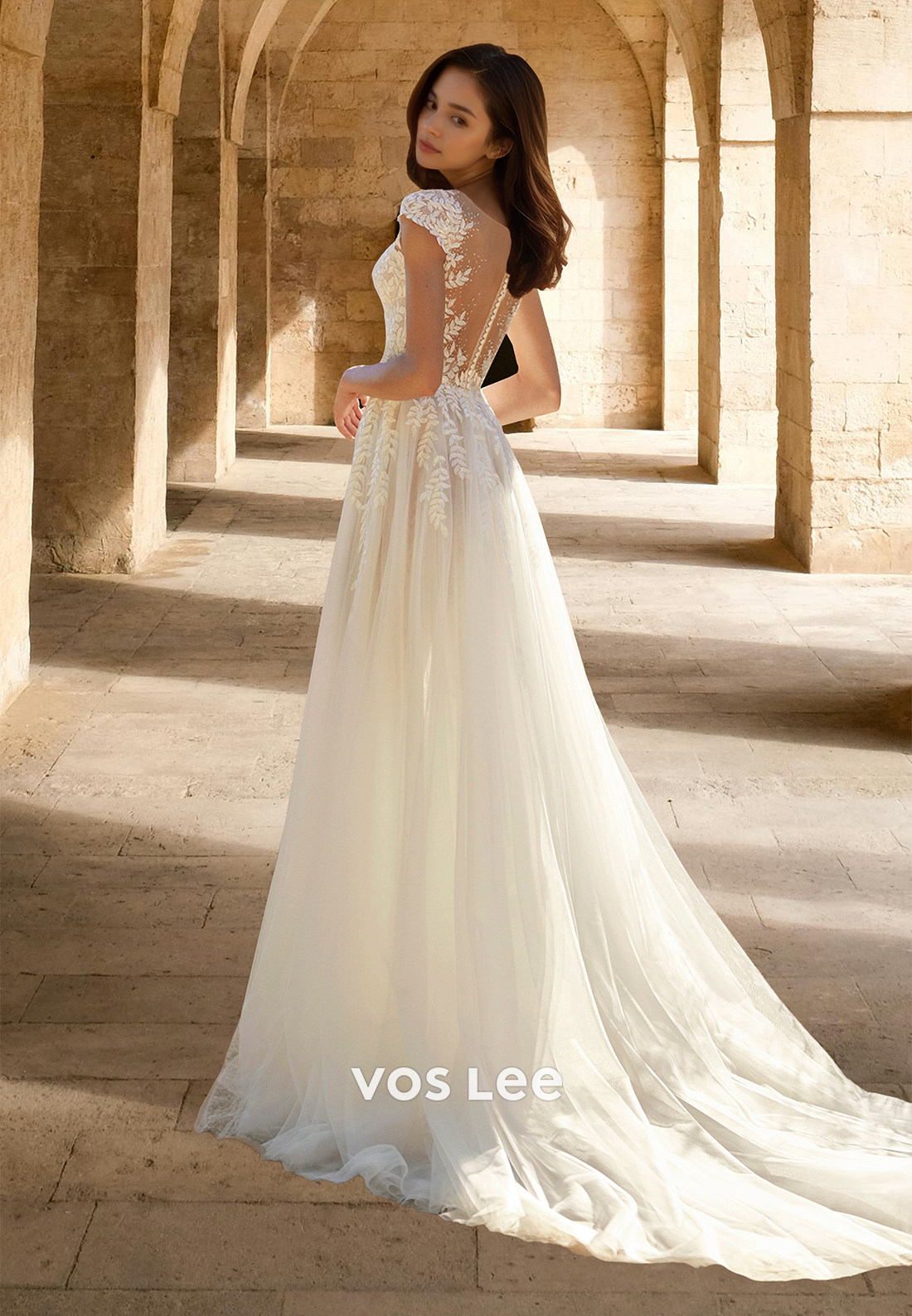 A-Line Bateau Short Sleeves Back Zipper Illusion Lace Appliques Tulle Wedding Gown