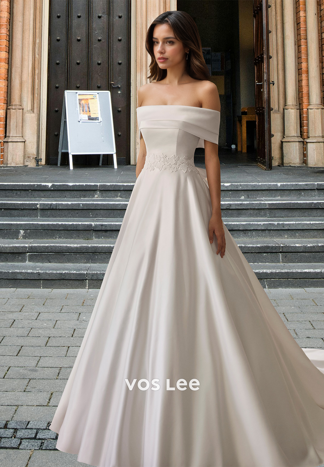 Modest A-Line Off Shoulder Back Zipper Lace Court Train Satin Wedding VOS LEE Modest A-Line Off Shoulder Back Zipper Lace Court Train Satin Wedding VOS LEE