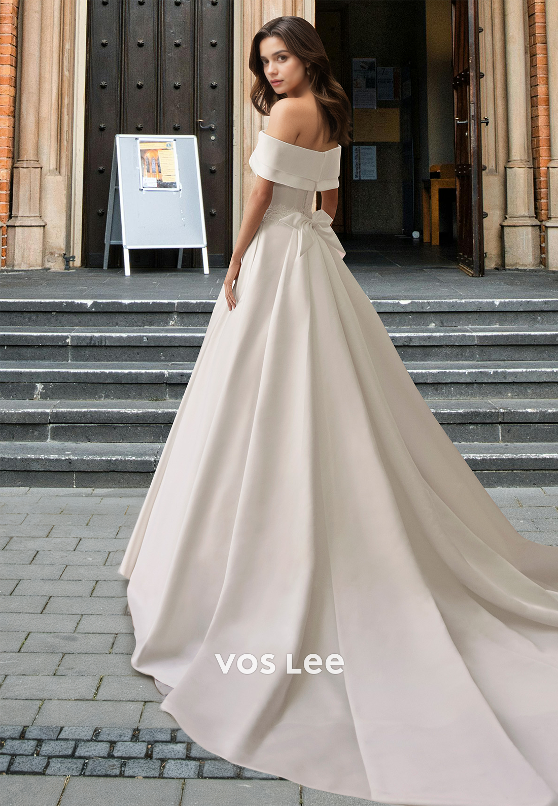 Modest A-Line Off Shoulder Back Zipper Lace Court Train Satin Wedding Gown