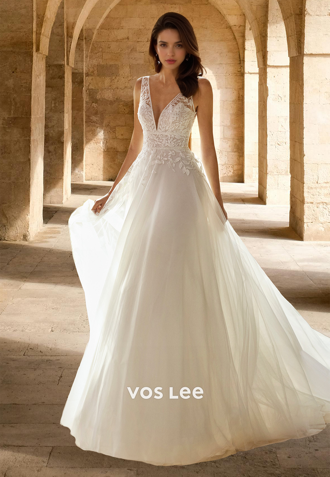 Graceful Backless V Neck Sleeveless Lace Appliques Pleated Tulle Wedding Gown