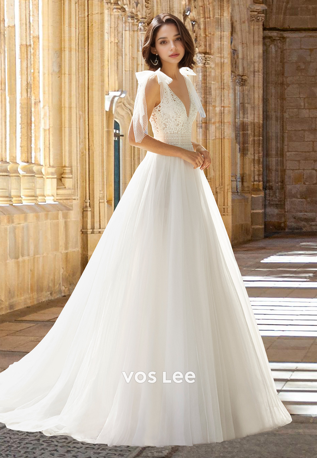 Ornate A-Line V Neck Bow Backless Lace Appliques Tulle Pleated Wedding VOS LEE Ornate A-Line V Neck Bow Backless Lace Appliques Tulle Pleated Wedding VOS LEE