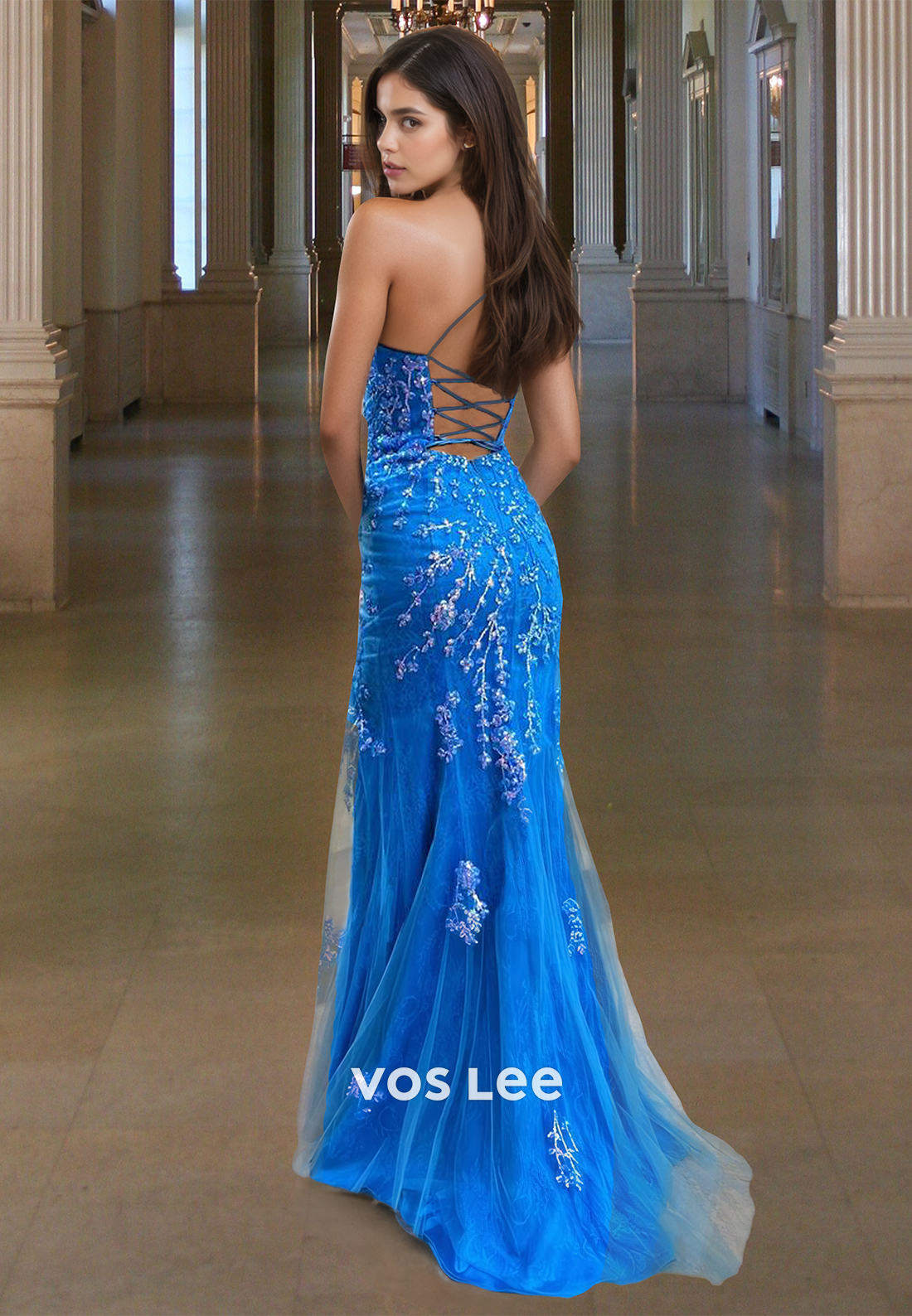 Blue Column Square Neck Spaghetti Straps Lace Up Appliques Prom Evening Dress