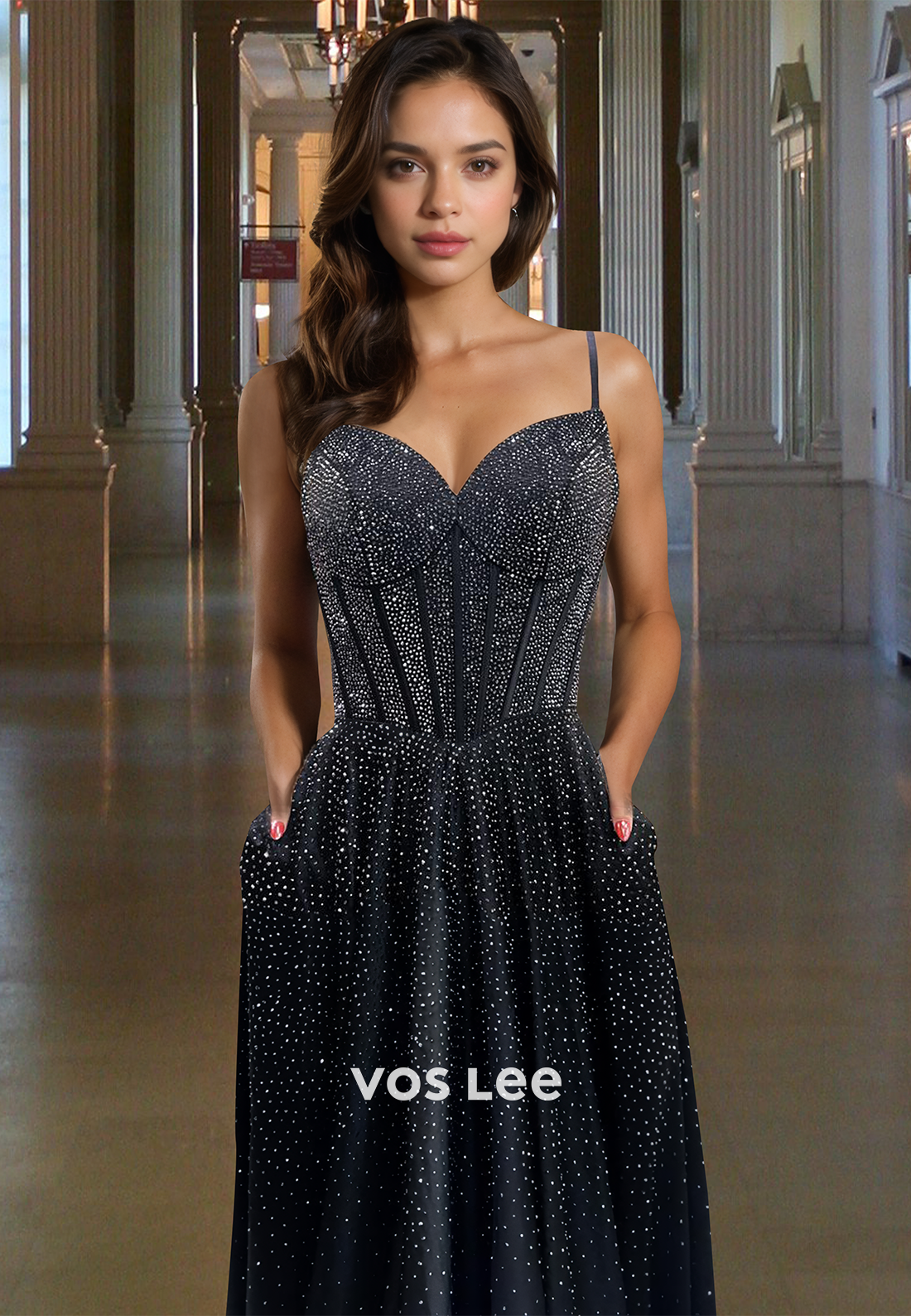 Modest A-Line V Neck Back Zipper Sequins Pleated Satin Prom Evening Dress