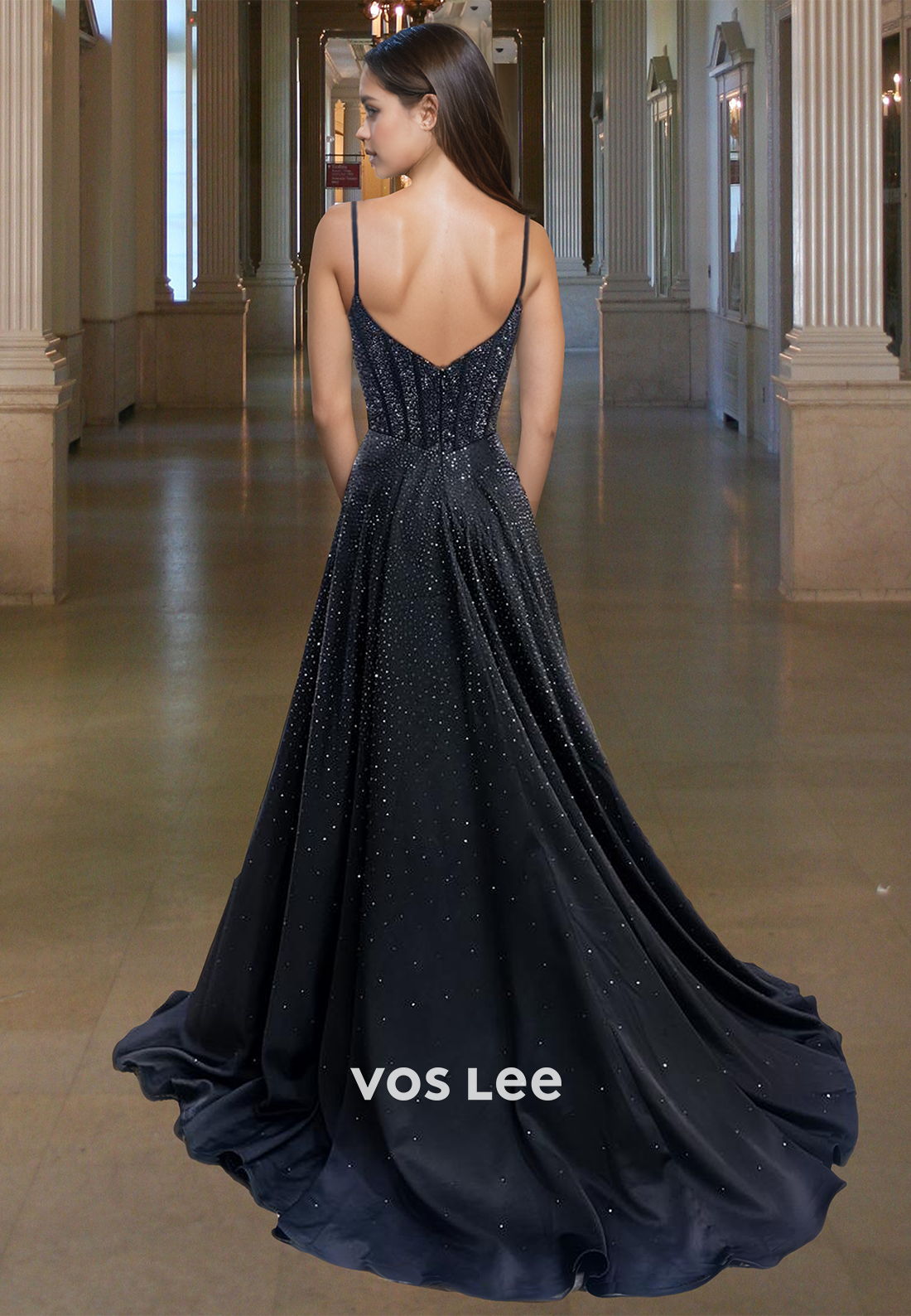 Modest A-Line V Neck Back Zipper Sequins Pleated Satin Prom Evening Dress