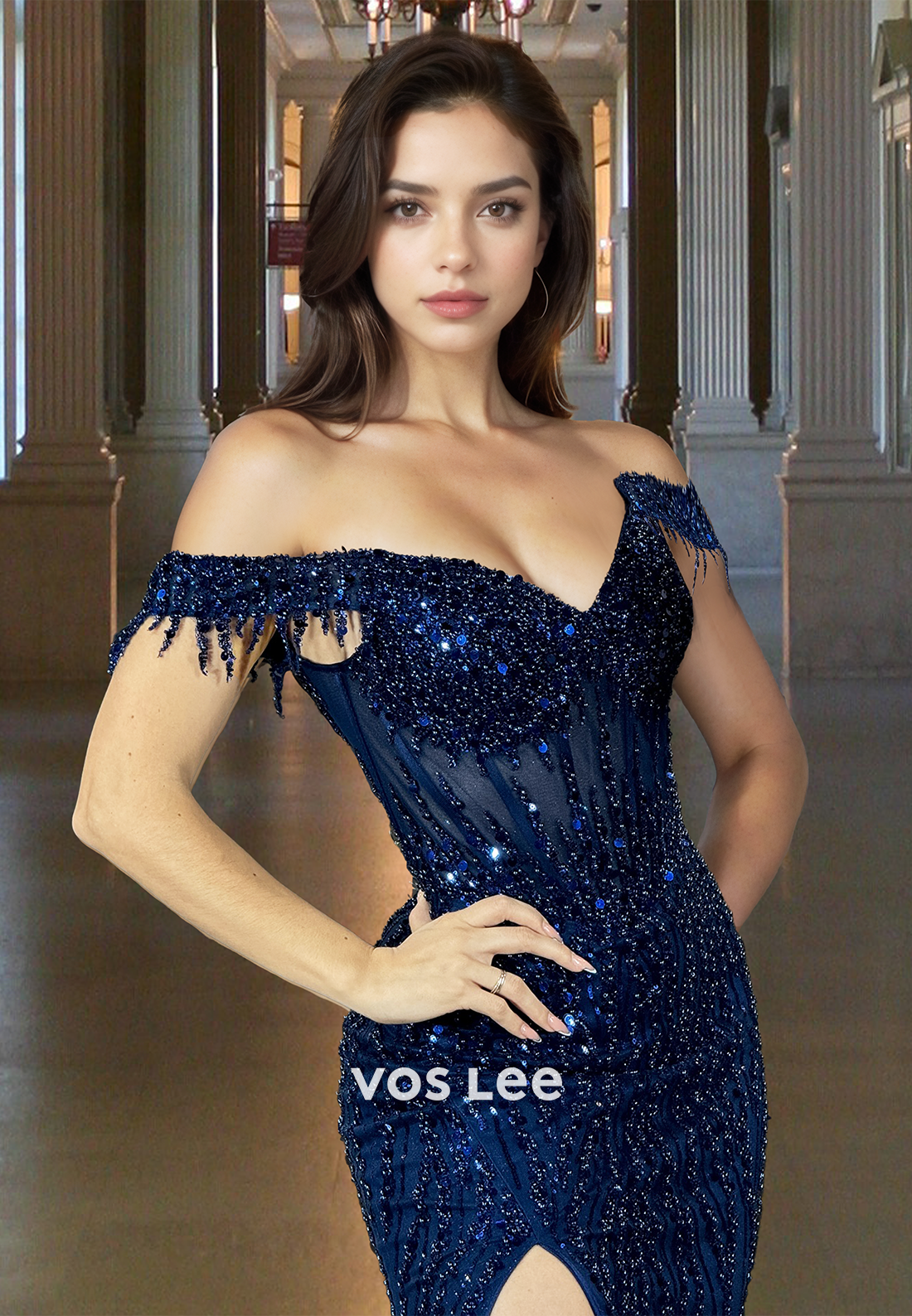 Sparkly Off Shoulder Sheath Glitter High Split Sequins Tulle Prom Evening Dress