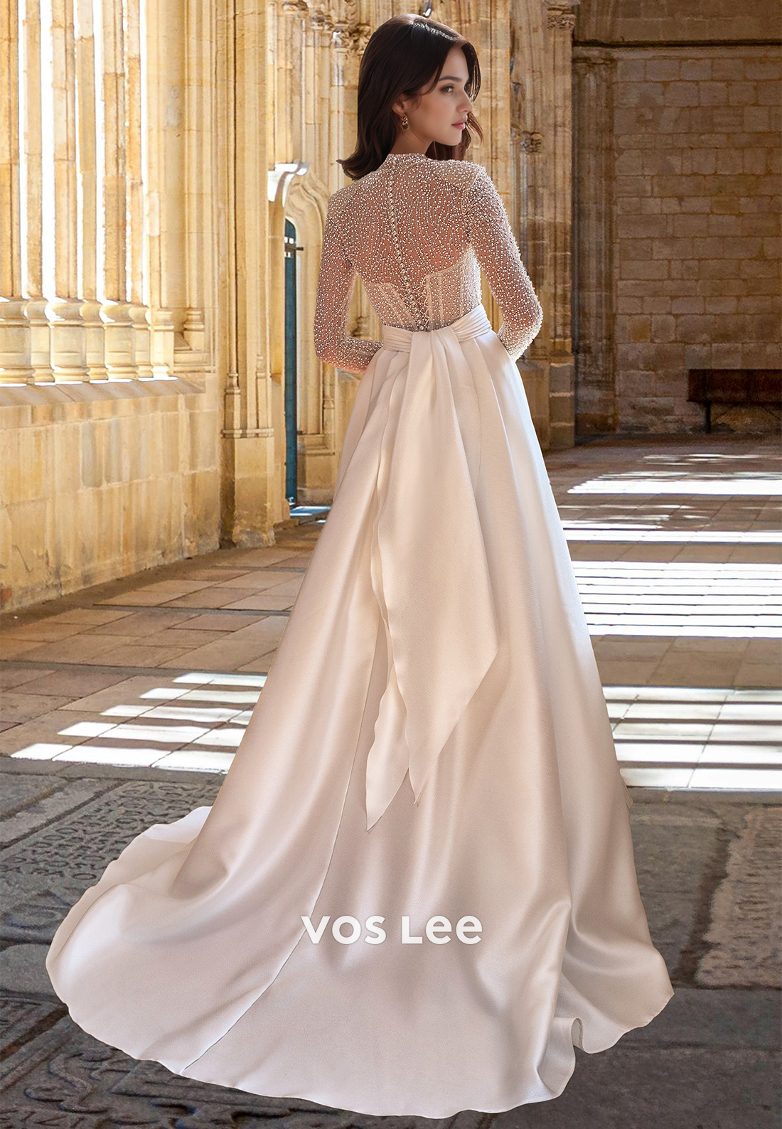 Sexy Beaded High Neck Long Sleeves Satin with Train Wedding Dress