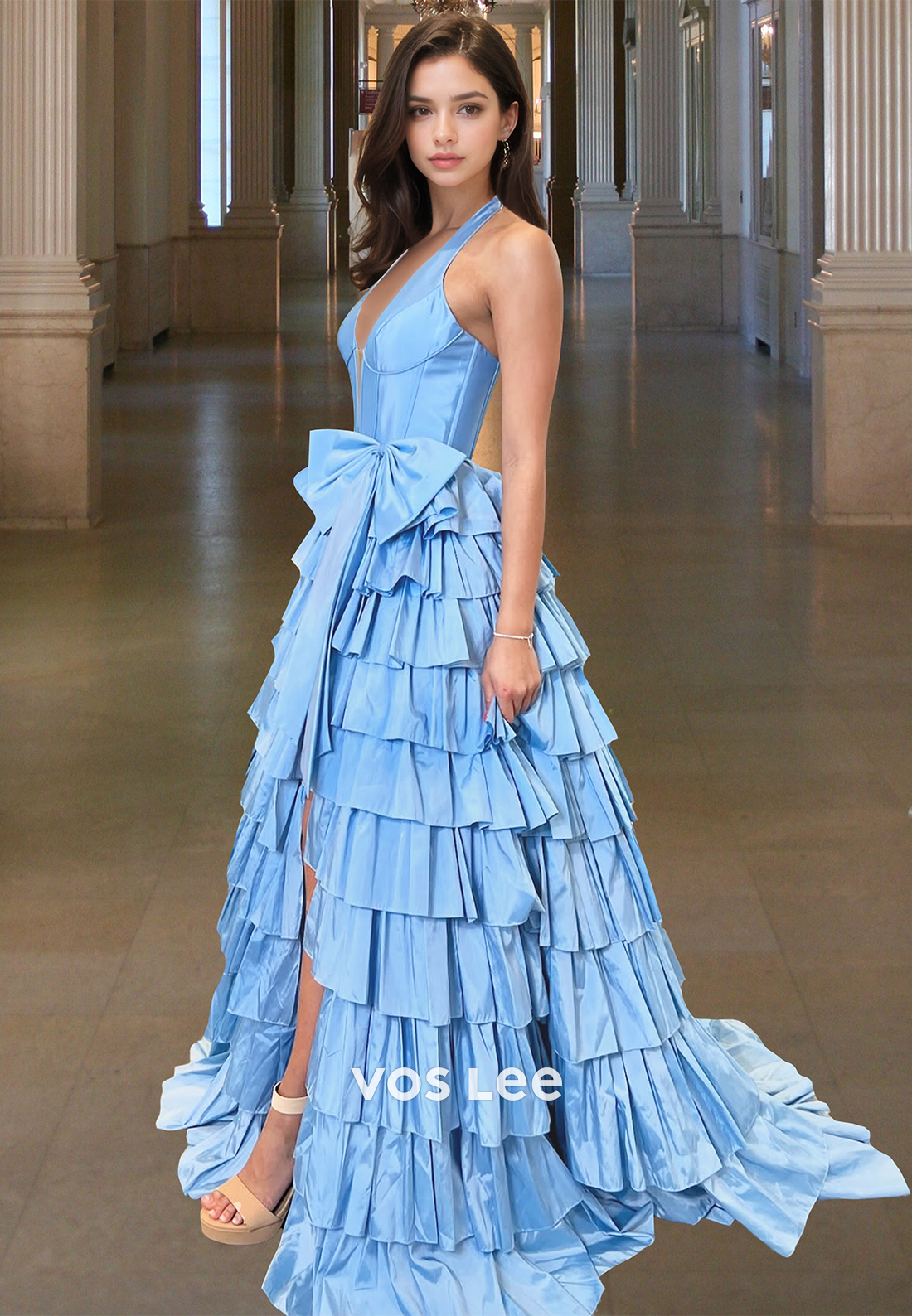 Ornate A-Line Halter Tiered Satin Bow Side Split Sleeveless Prom Formal Dress