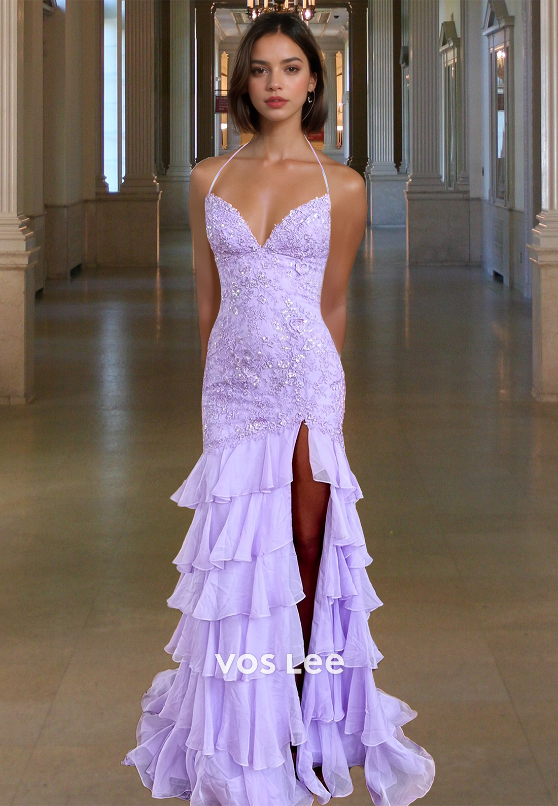 Gorgeous Column V Neck Lace Up Appliques Tiered Long Prom Pageant Dres VOS LEE Gorgeous Column V Neck Lace Up Appliques Tiered Long Prom Pageant Dres VOS LEE