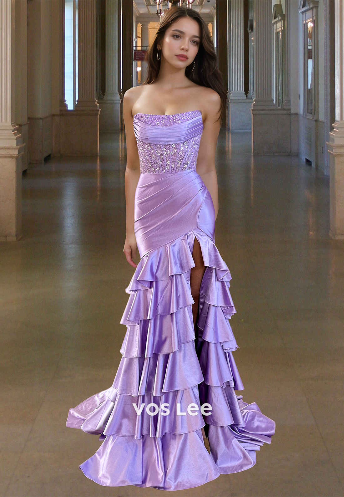 Modest Sheath Strapless Glitter Tiered Satin Sweep Train Prom Graduation Dress
